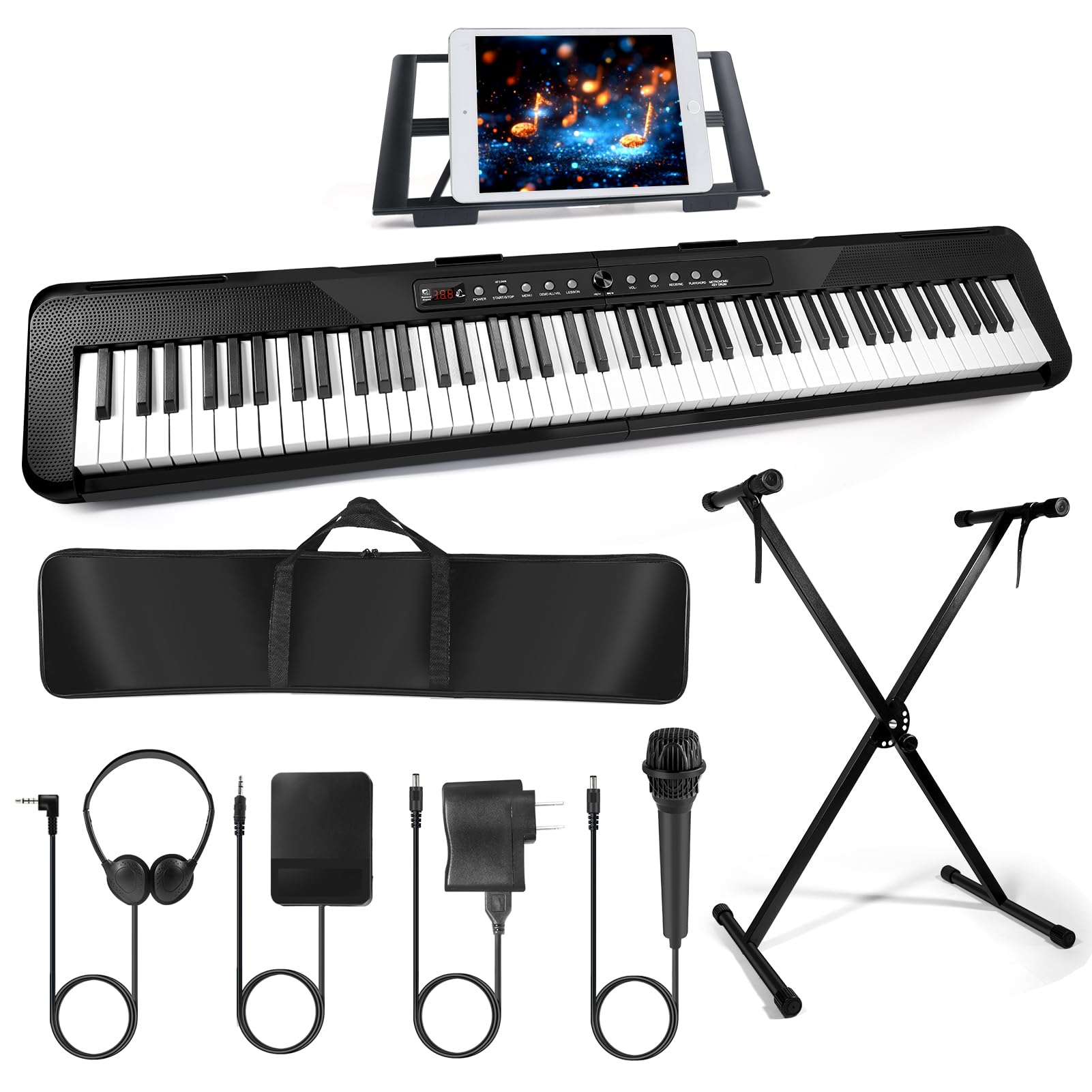 88 Key Piano Keyboard,Beginner Electric Digital Piano with Semi Weighted Keys,Keyboard Piano withSustain Pedal, Power Supply, Stand, Carrying Case,Headphones