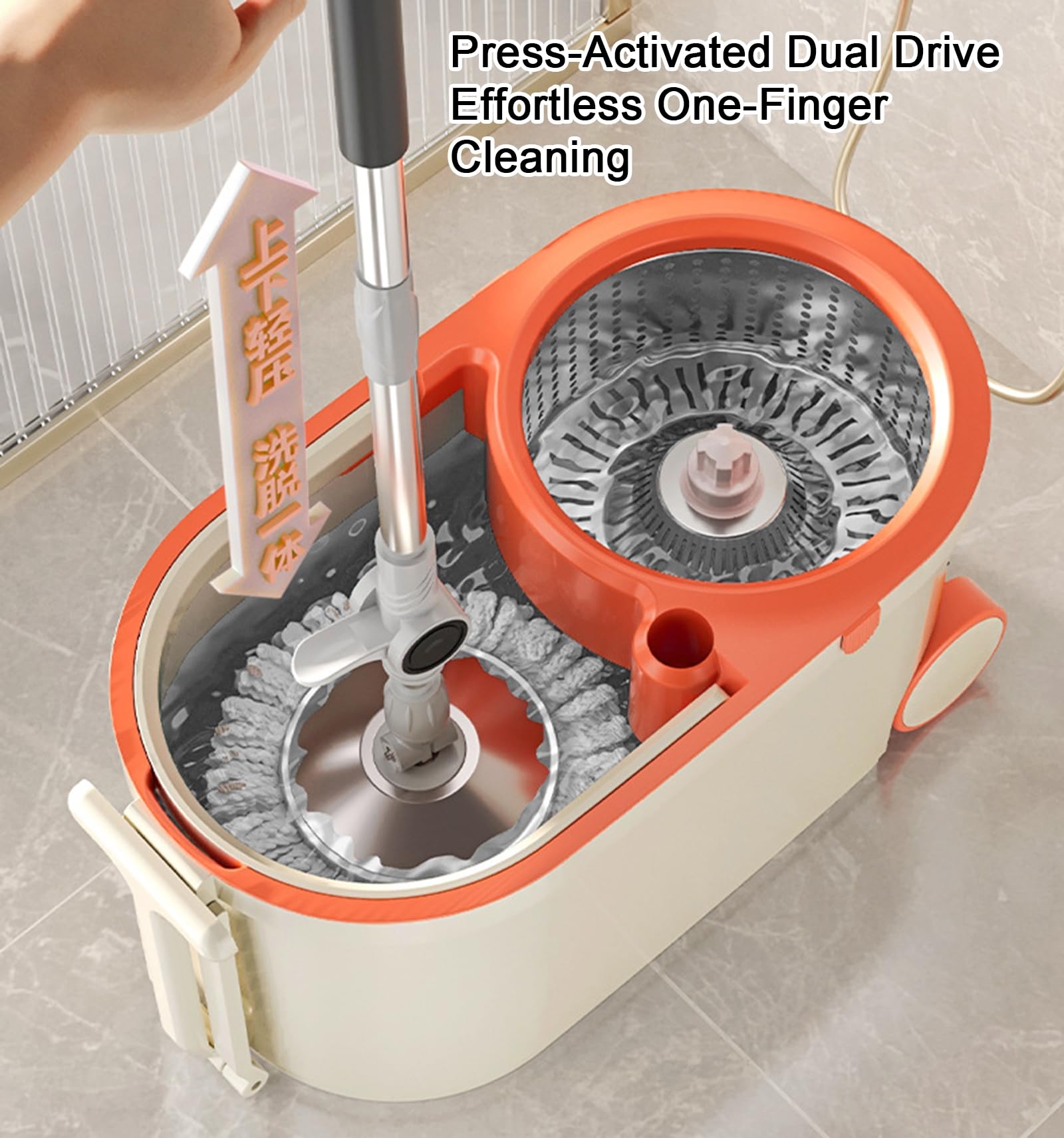 Juegos de Cubos y fregona giratoria de 360° con 2 Almohadillas Gruesas de Microfibra Reutilizables, Sistema de Limpieza Manos Libres con Cabezal de fregona de Microfibra,