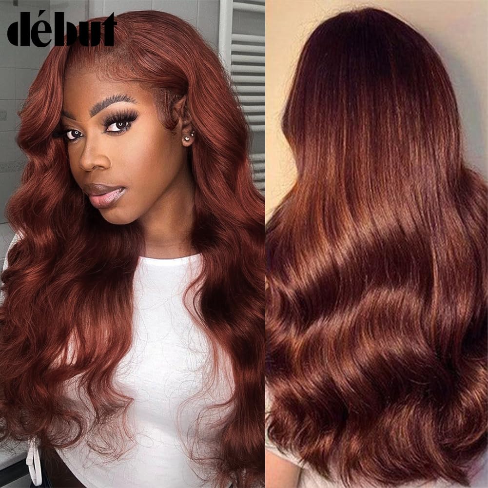 DÉBUT Bright Reddish Brown Body Wave Lace Front Wig Human Hair 4×4 Lace Front Wigs for Women HD Lace Front Wig Human Hair 180% Density Pre Plucked with Baby Hair Glueless Wigs (20 inches - Image 2