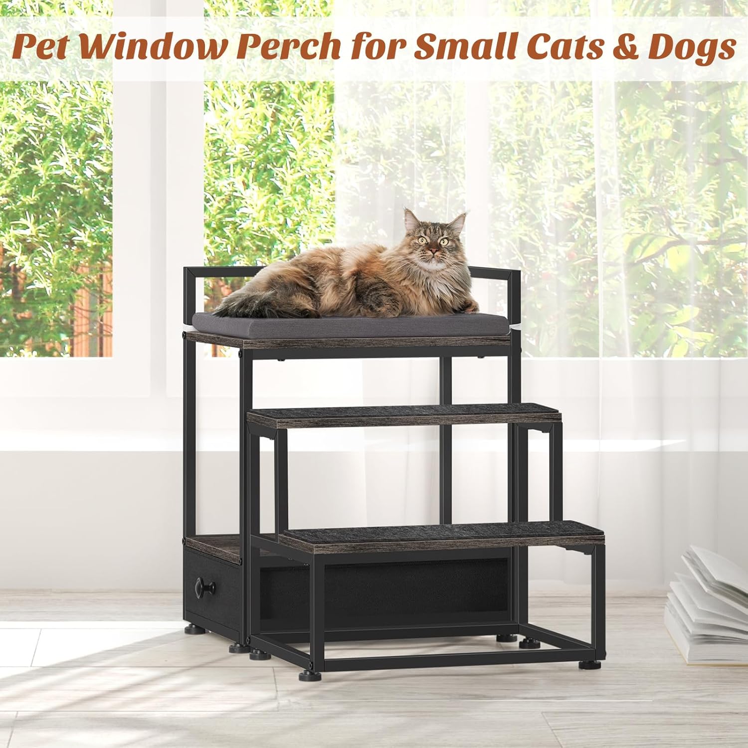 pet window perch dog stairs for small dogs, non-slip dog steps for high beds and couch, elevated cat dog bed with steps multi-level pet seat platform lounge, sturdy frame and storage