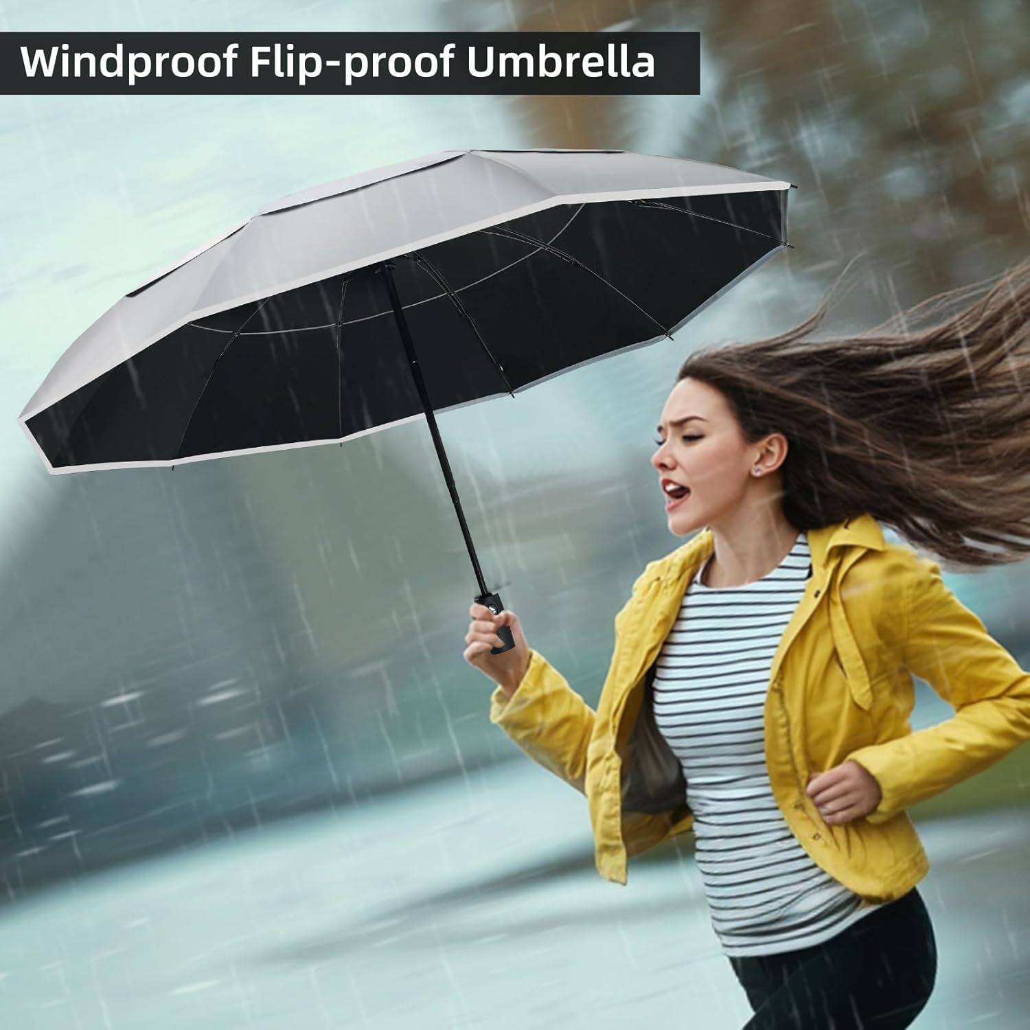 Windproof Inverted Umbrella with Reflective Stripe – Auto Compact Rain & Sun UV Umbrella for Car & Backpack - Image 8