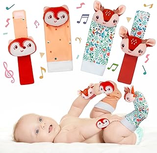PADONISE Lovely Animal Wrist Rattles & Sock Toy for Baby Infant 0-6 6-12 Month Old Newborn Soft Toy Hand and Foot Finder Girl Boy Birthday Shower Easter Gift Set for Babies