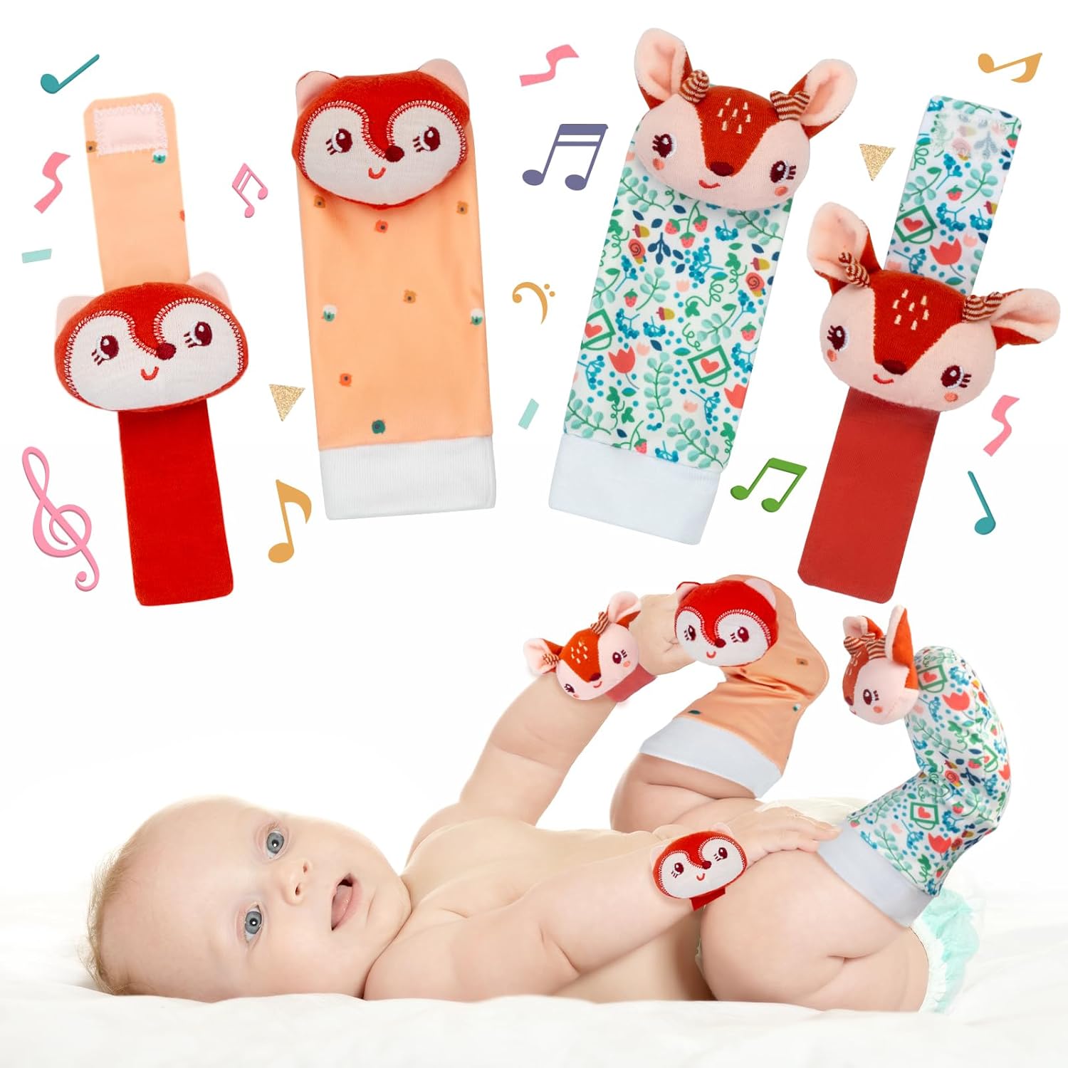 PADONISE Lovely Animal Wrist Rattles & Sock Toy for Baby Infant 0-6 6-12 Month Old Newborn Soft Toy Hand and Foot Finder Girl Boy Birthday Shower Easter Gift Set for Babies