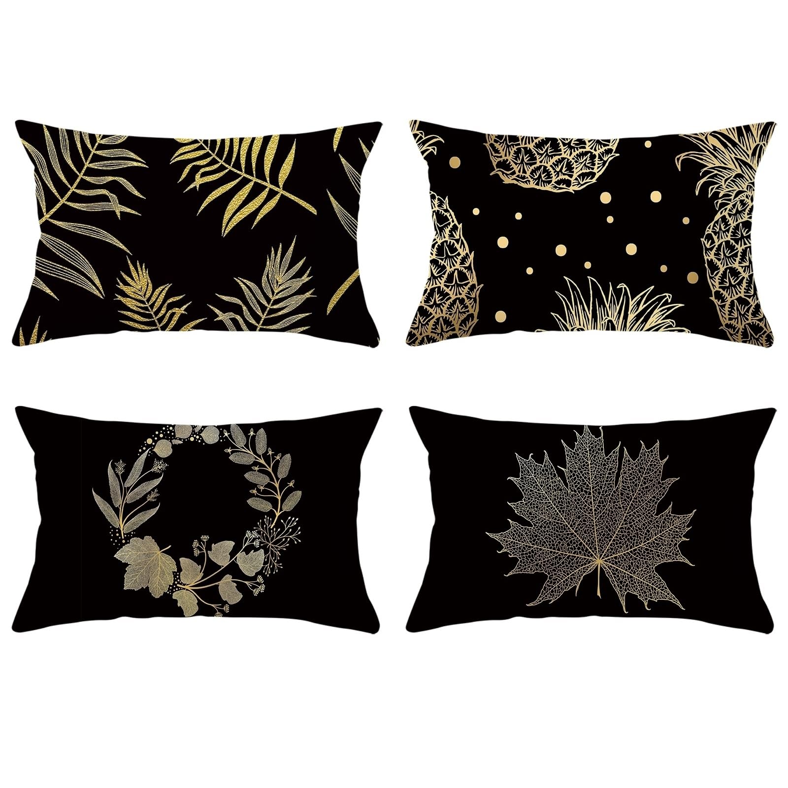 Housse de coussin en polyester doux lavable style luxueux motif feuilles dorées pour intérieur