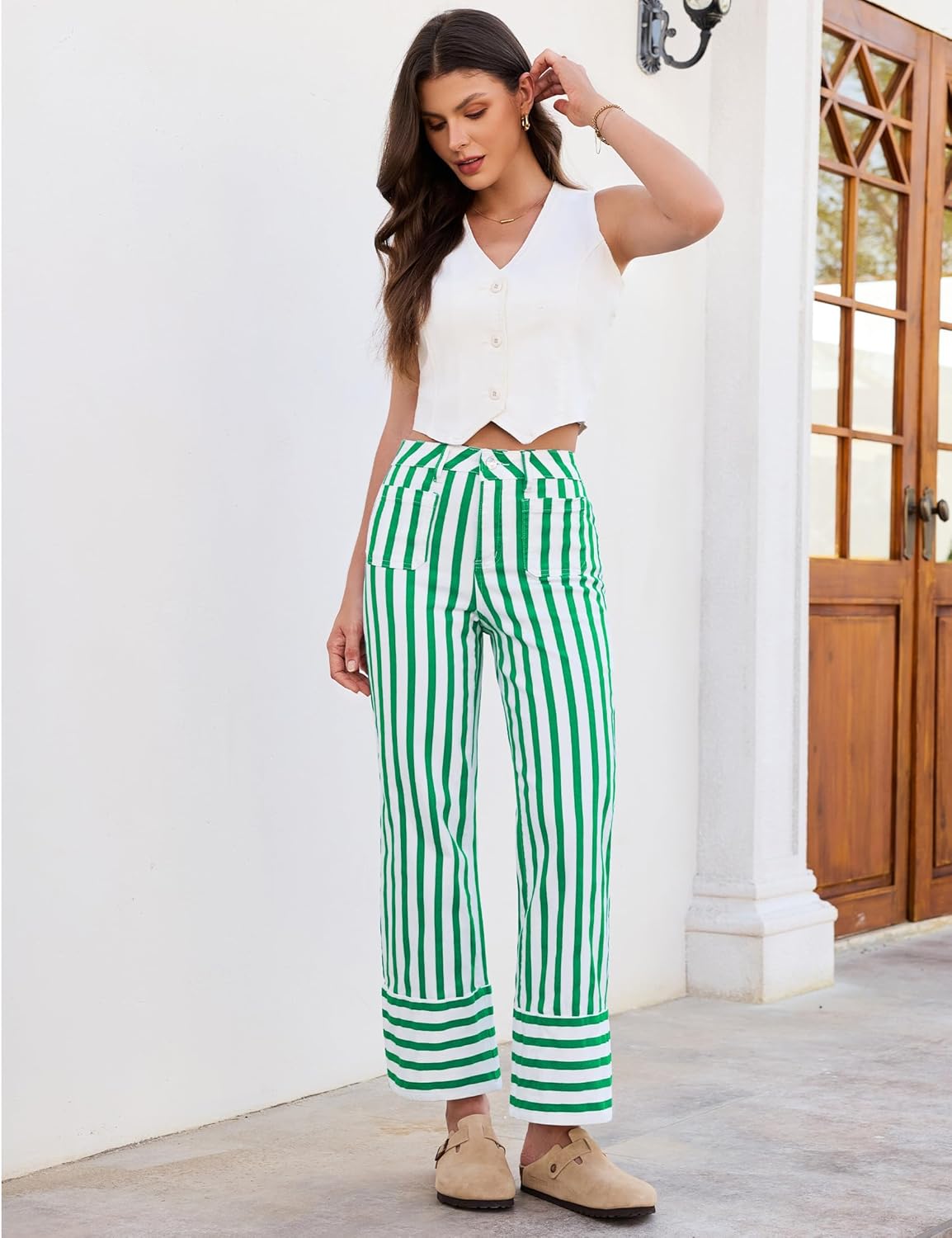 luvamia Striped Jeans for Women Wide Leg High Waisted Trendy Patch Pockets Stretchy Denim Pants Casual Trouser Jeans - Image 2