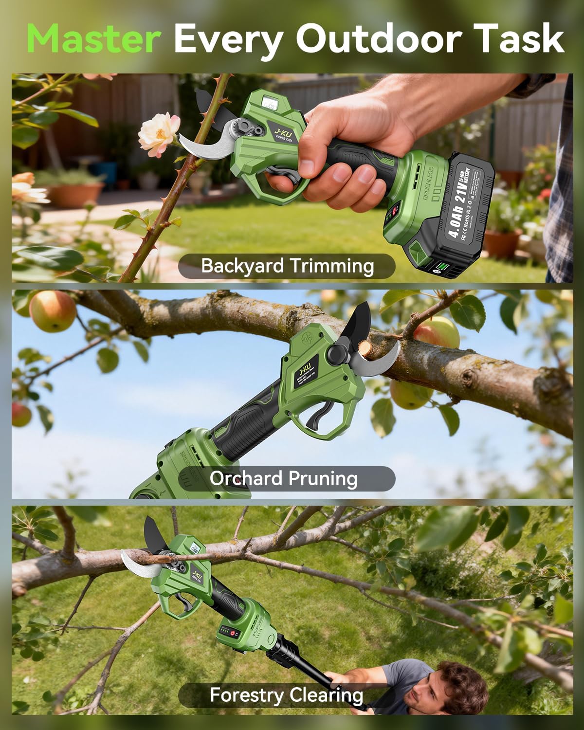J-KU Electric Pruning Shears Cordless: 2-in-1 Electric Tree Pruner with Extension Pole, 21V 2×4000mAh Battery Powered, 1.4" Cutting Diameter, Brushless Pole Pruner Branch Cutter for Tree Trimmer