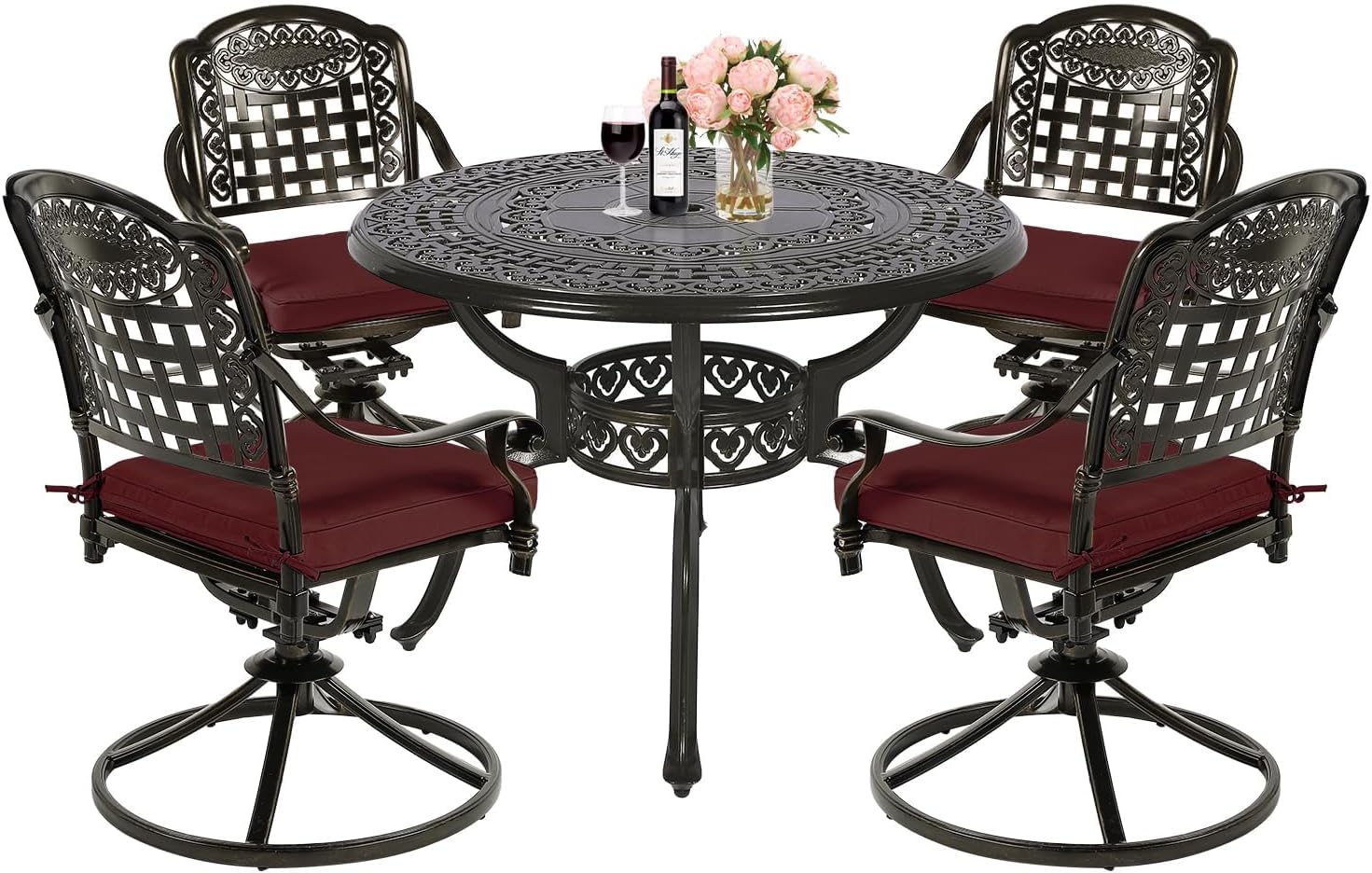 MEETWARM 5-Piece Outdoor Patio Dining Set, All-Weather Cast Aluminum Patio Conversation Set for Backyard Garden Deck with 4 Cushions Swivel Rocker Chairs and 35.4" Round Table, 2.2" Umbrella Hole