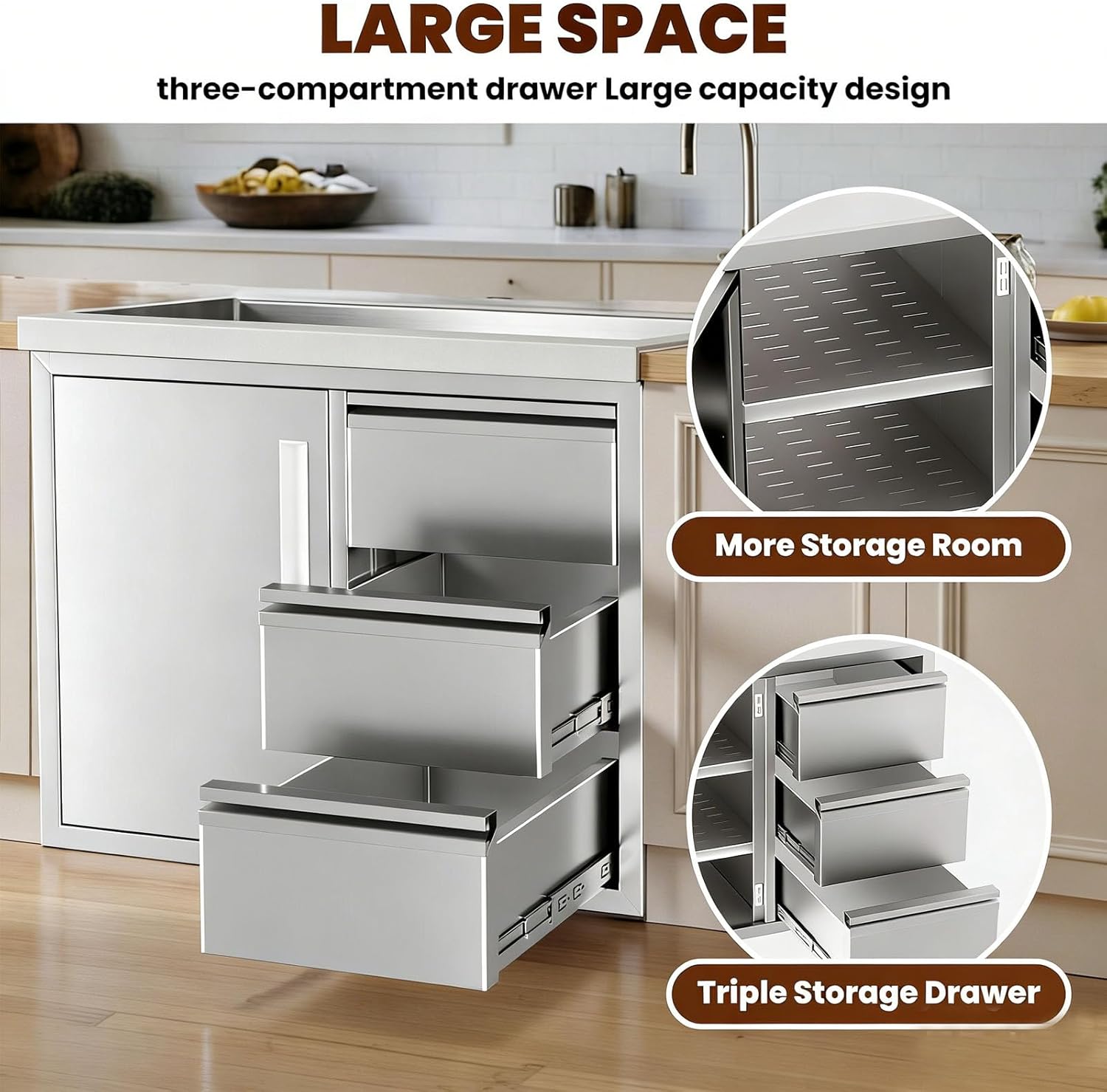 Outdoor BBQ Kitchen Cabinet 28 x 19.1 x 22 Inches, Stainless Steel Built-in Drawer Combo with Triple Storage Drawers and Left Trash Drawer for BBQ Island