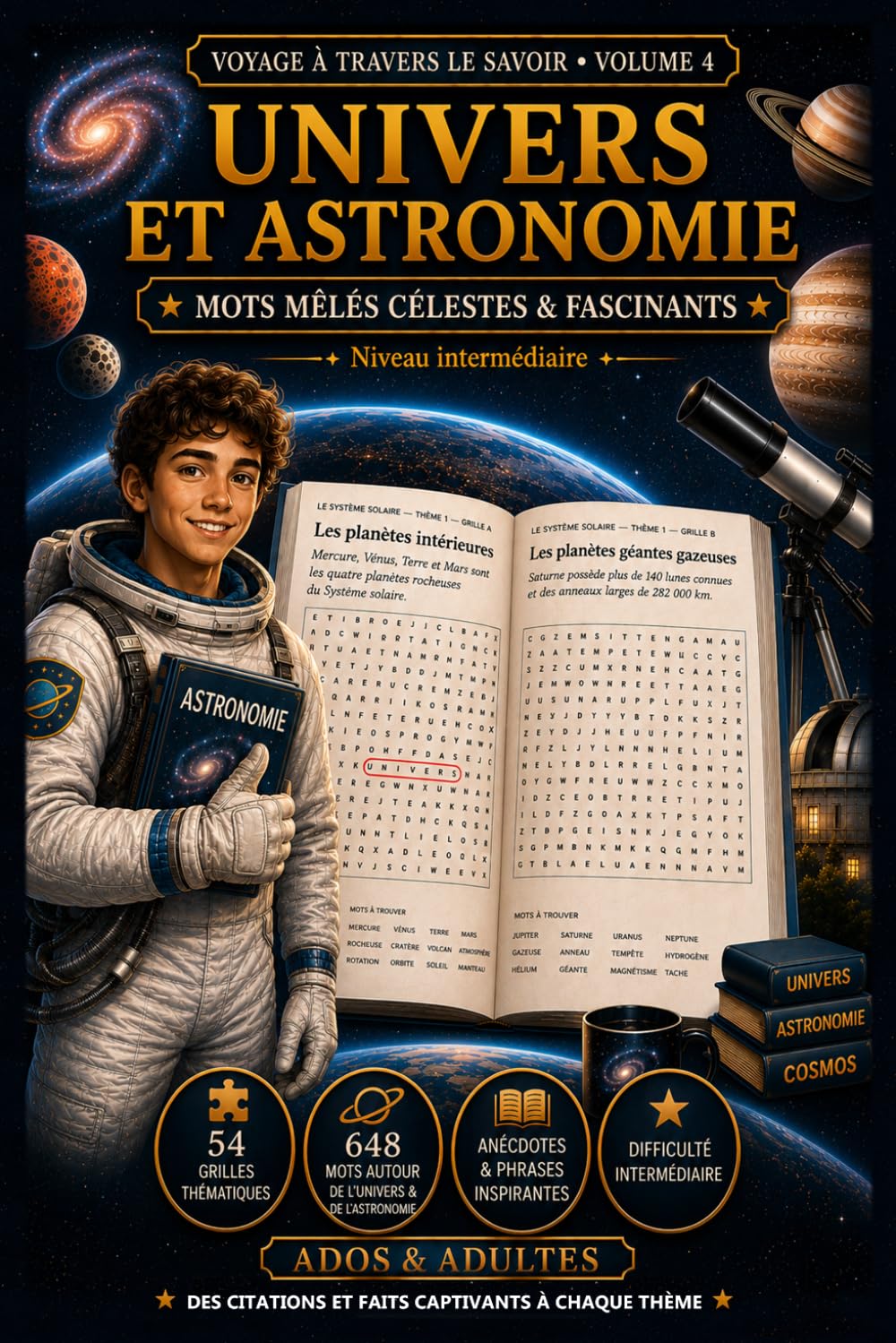 L'Univers & l'Astronomie – Mots Mêlés Culturels & Immersifs: 54 grilles thématiques – 648 mots autour de l'espace et de l'astronomie – Niveau intermédiaire