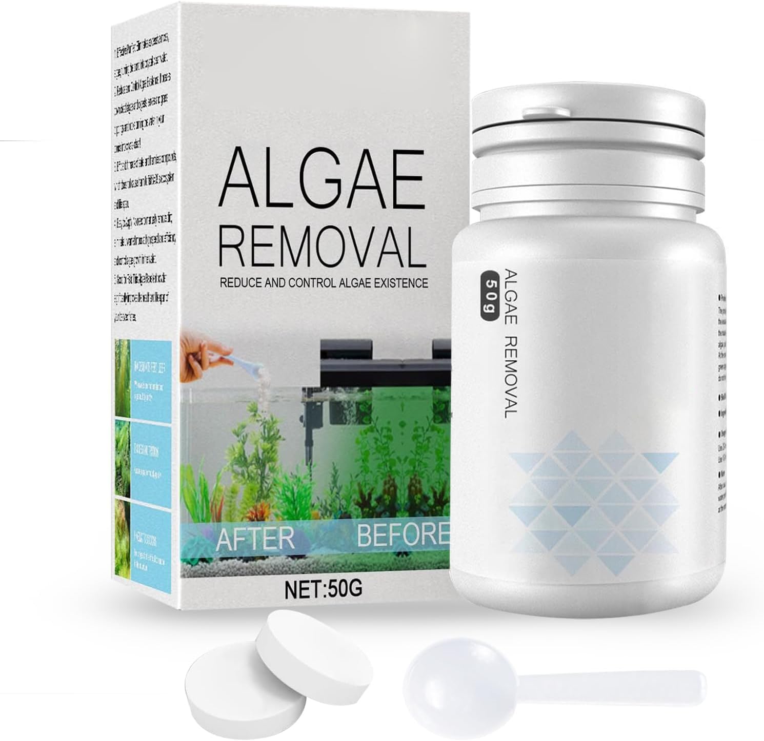 Fish Tank Algae Remover 50g Aquarium Algae Treatment with Spoon,Natural Fish Tank Cleaner Green Away Aquatic Algaecide Safe for Fish and Plants Clear Water Healthy Environment