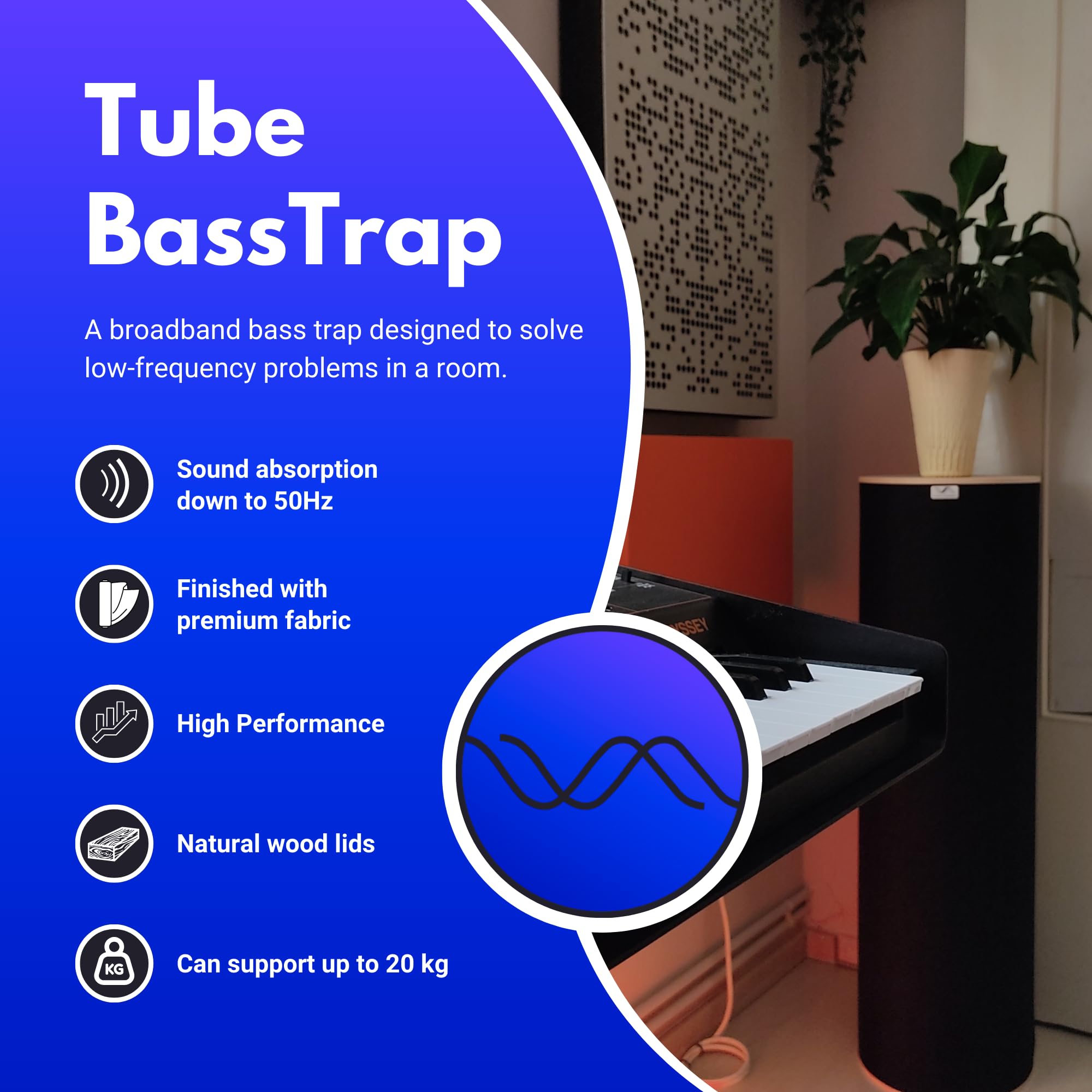 Bluetone Acoustics Tube BassTrap - Premium Bass Trap - Assorbitore a bassa frequenza - Pannello acustico - Trappola per bassi (Violetto)