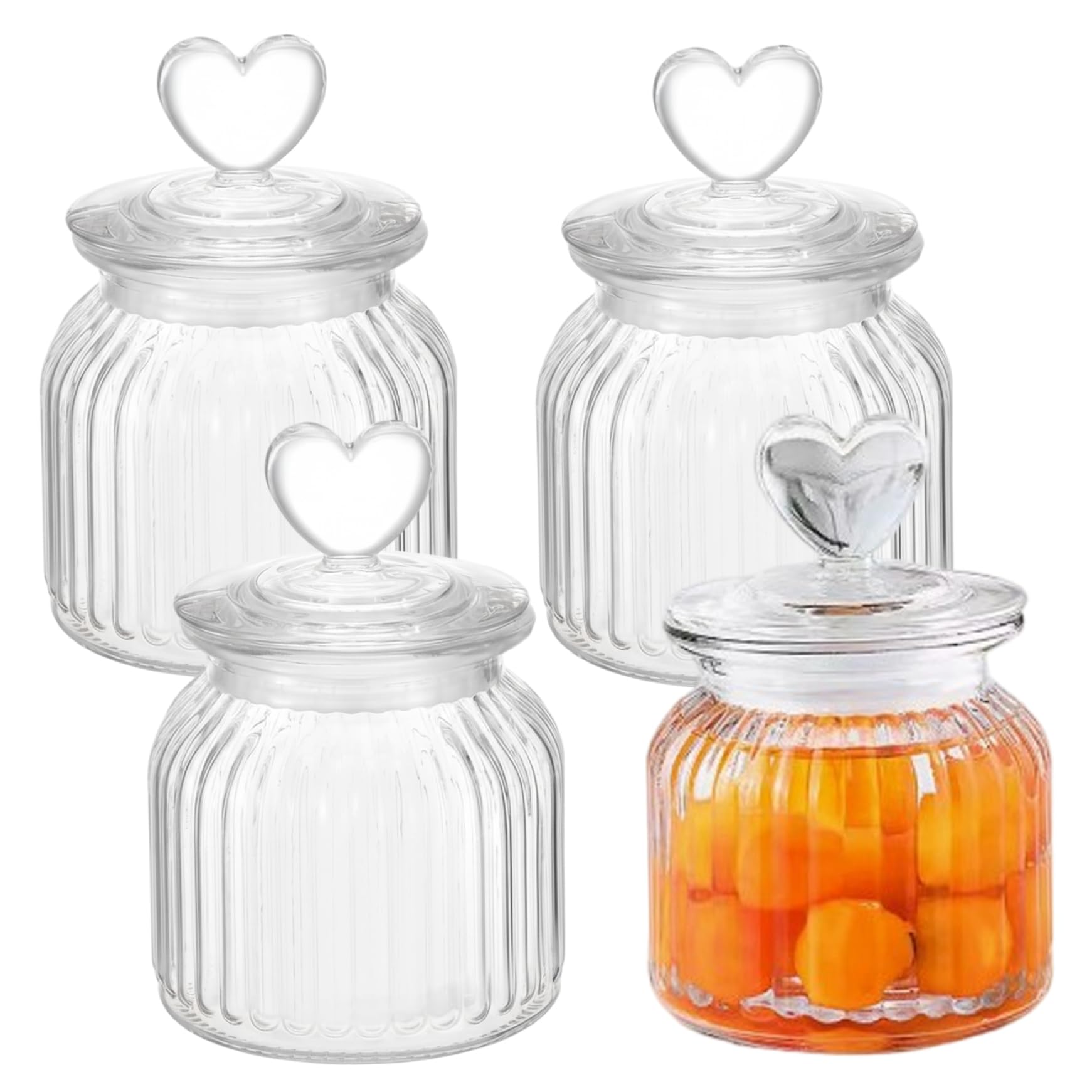 Lot de 4 bocaux à bonbons en verre transparent avec couvercles en forme de cœur avec couvercles - Bocaux à biscuits en verre texturé à rayures décoratives pour mariage, Saint-Valentin, fête
