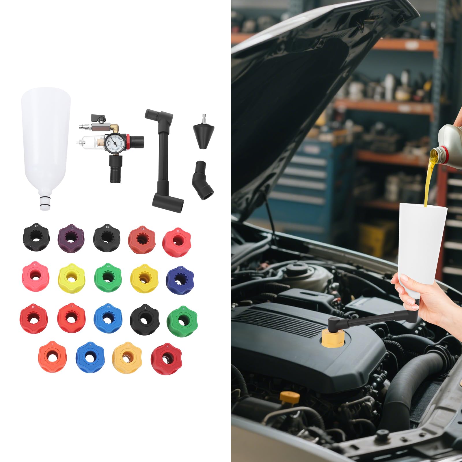 Juego de 24 piezas de llenado de aceite para motor con embudo de 2 L y juego de embudo de aceite universal, herramienta profesional para cambio de aceite de coche limpio, apto para coches, camiones y