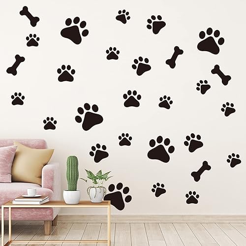 Epakh 144 calcomanías con estampado de pata de perro y hueso, calcomanías de pared extraíbles de pata de cachorro, decoración de huellas de