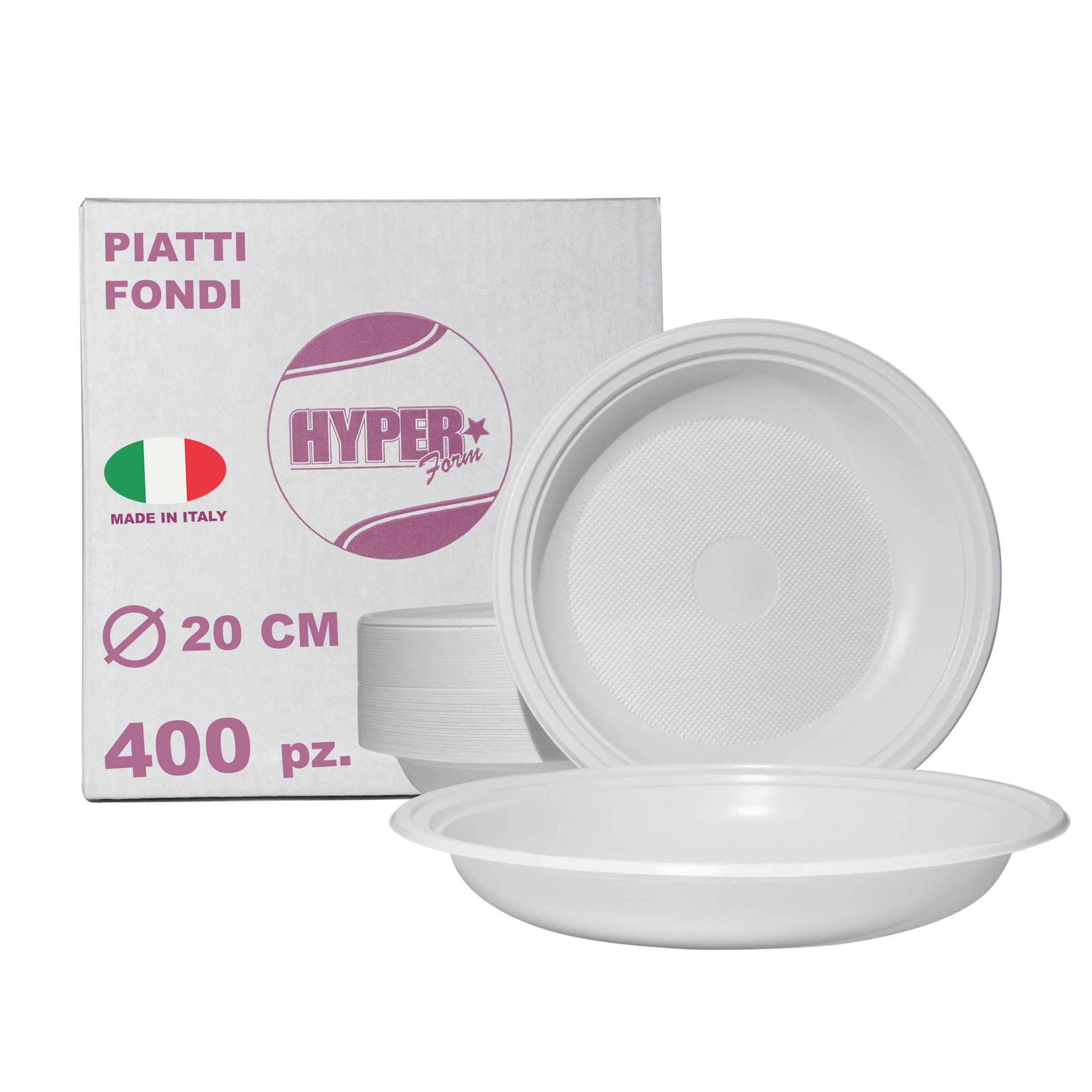 Hyper Form - 400 Piatti Fondi di Plastica Riutilizzabile Rigida, Lavabili 20 Cicli in Lavastoviglie