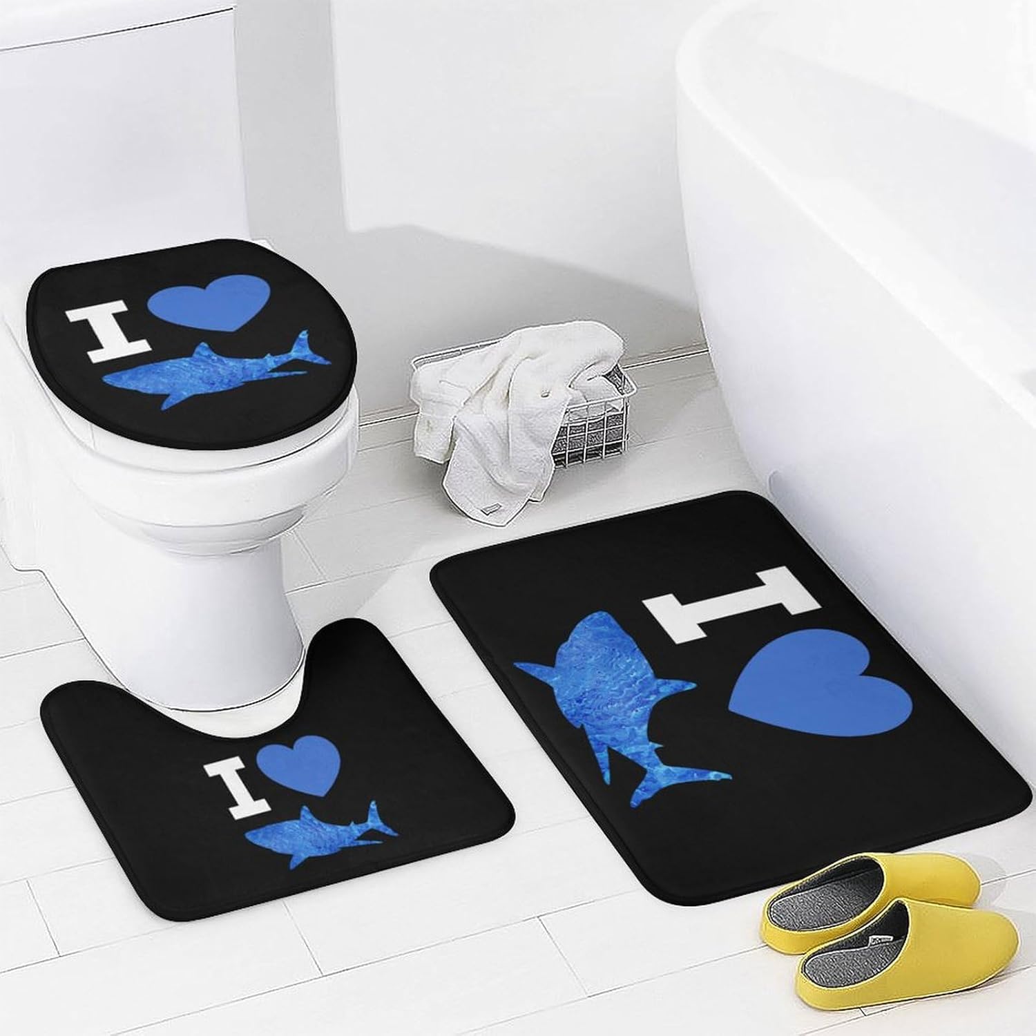 I Love Sharks Bathroom Sets with Shower Curtain and Rugs 4 Piece with U-Shaped Floor Mat Toilet Lid Cover
