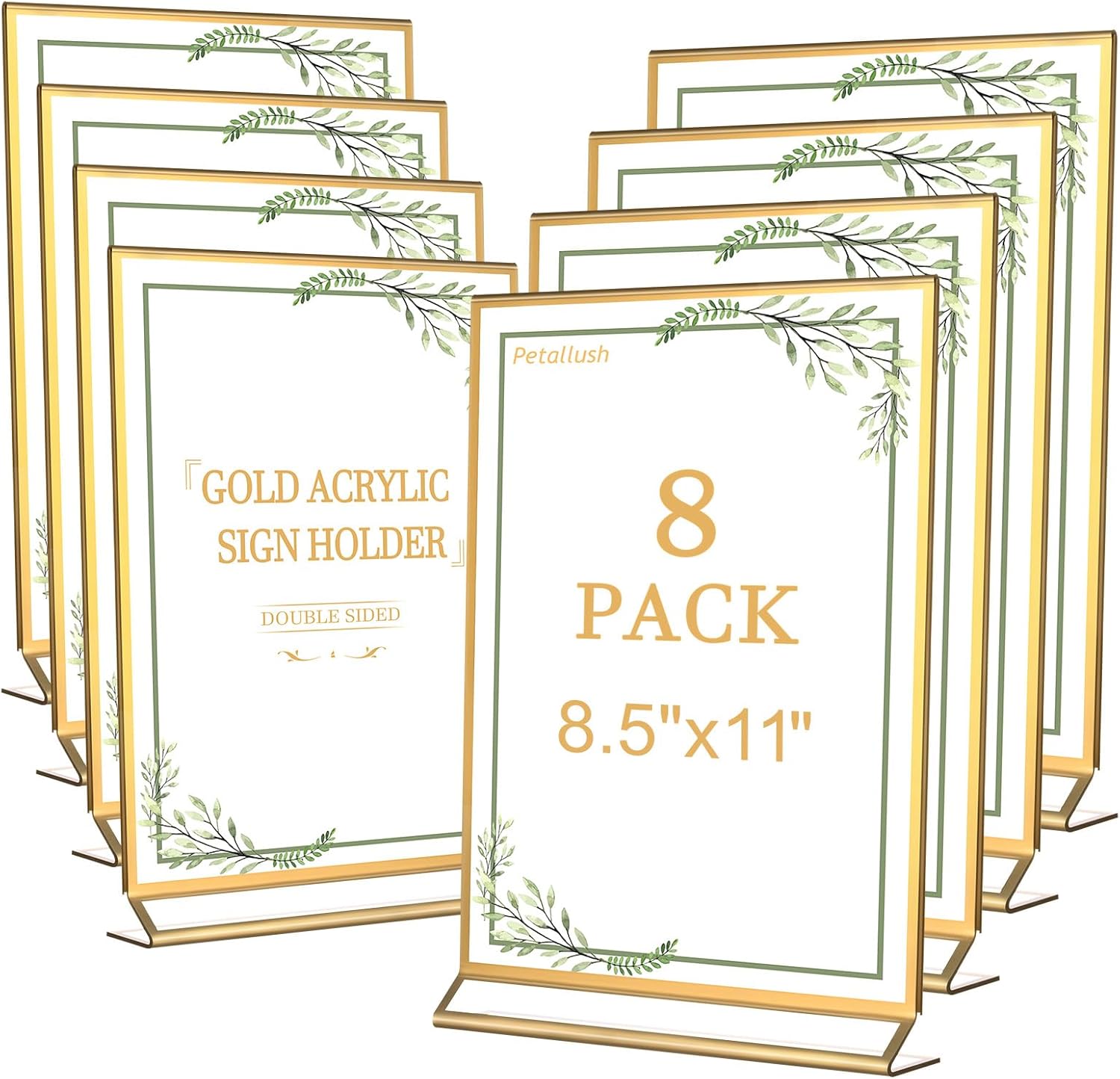 Petallush 8.5 by 11 Gold Acrylic Picture Frame Stands for Display 8PCS, Double Sided Acrylic Wedding Table Number Sign Holder 8.5 x 11, Clear Menu Flyer Paper Holder for Wedding Party Decor