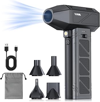 YONA Air Duster Electric Air Duster Blower Compact Blower 250,000 RPM High-Speed Rotation Powerful Max Wind Speed 120 m/s Stepless Airflow Adjustment 5 Types of Nozzles with LED Light Type-C