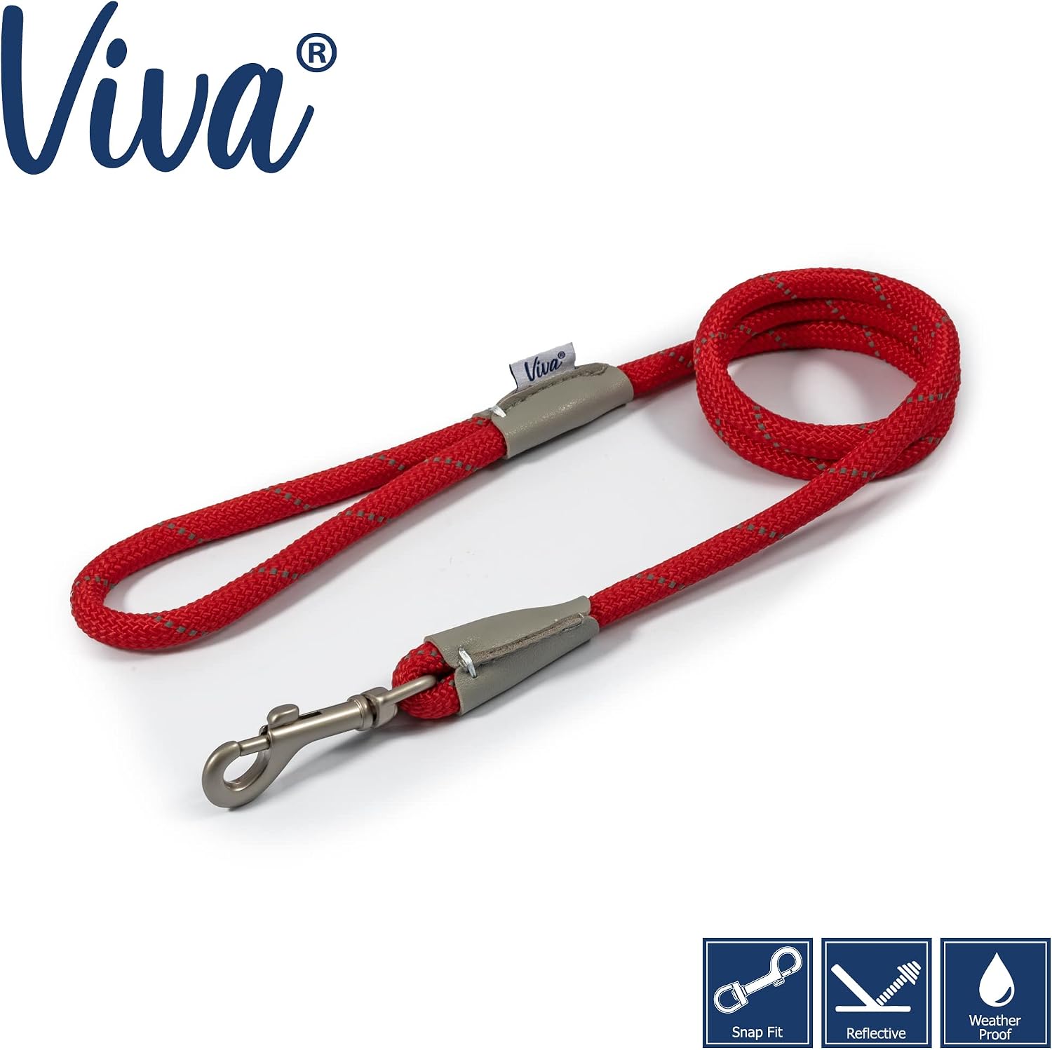 Ancol Viva Reflective Rope and Leather Snap Dog Lead - Red - Durable Weatherproof Poly Weave Puppy Walking Accessory - 1.07m x 12mm