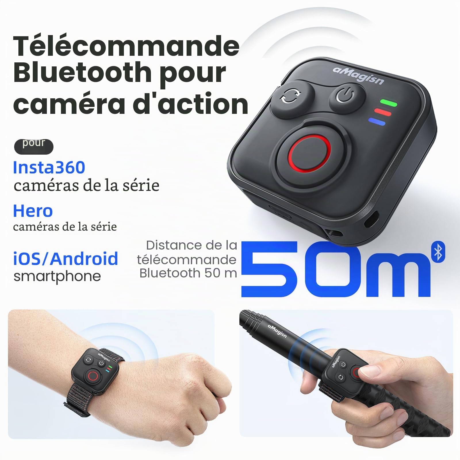 Télécommande Bluetooth pour Insta360 Ace Pro 2 X5 ONE RS GoPro Hero 13 12 sans fil avec dragonne portée de 50 m Accessoires de caméra d'action intelligente étanche pour sports de plein air