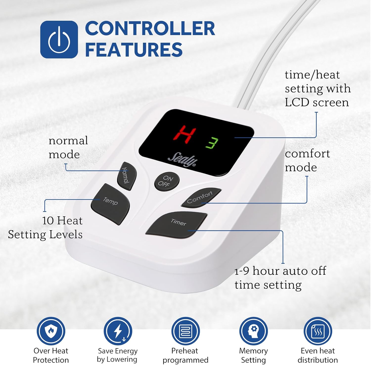 Sealy Heated Mattress Pad Twin Size with 10 Heated Settings | Electric Mattress Pad Bed Warmer 39"x75" | Auto Shut Off 1-9 Hours| Fit Up to 15 Inch Deep Pocket | Machine Washable - Image 4