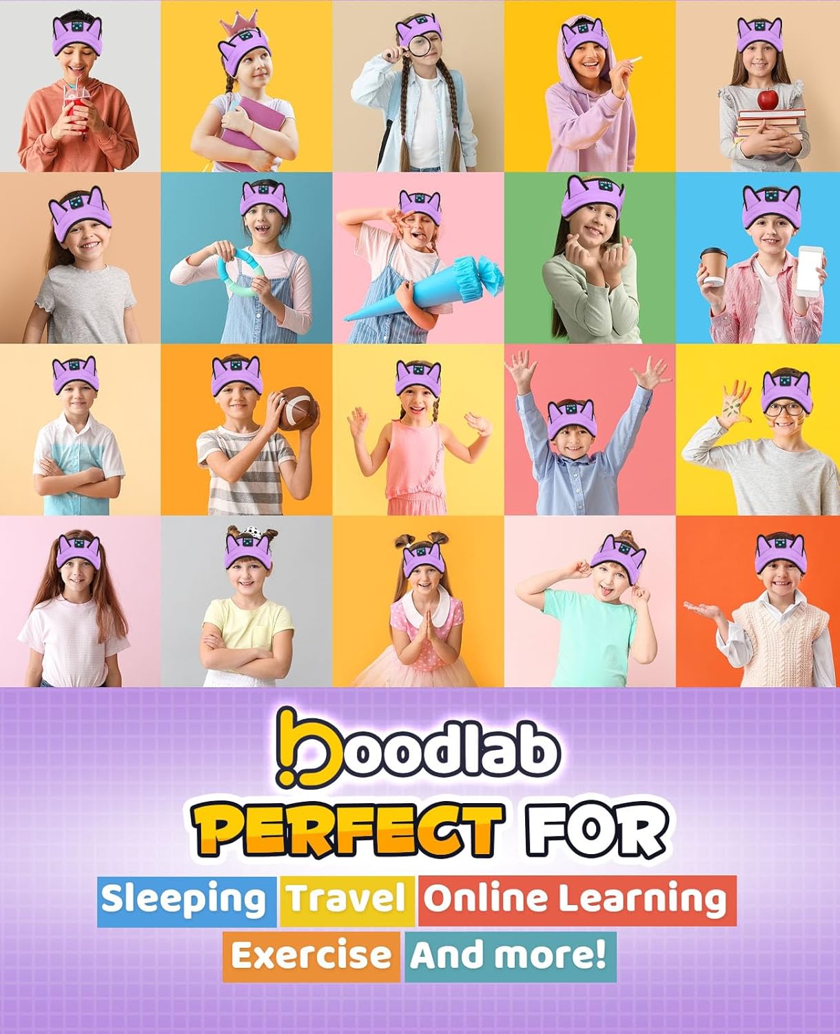 Kids Headphones Headband Wireless, Kids Bluetooth Headband, Baby Headphones with Thin Speakers & Wired Playback 3.5 MM Jack, Perfect Toddlers & Children's Earphones for Home, School & Travel Purple image 8 of 8 B0DGQ74742