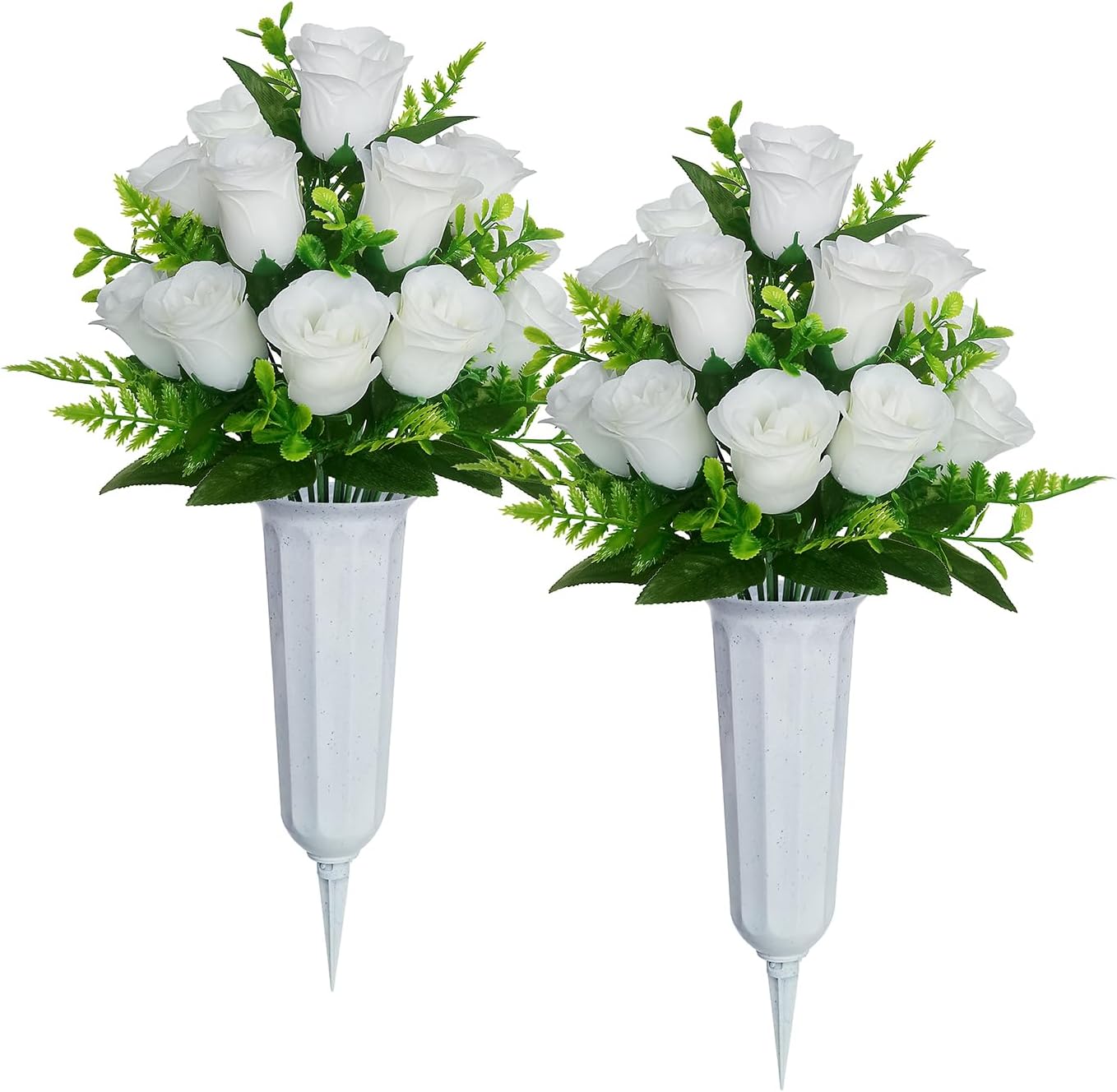 Wcro Artificial Cemetery Flowers,2 Sets Artificial Rose Flowers with Vase,Memorial Flowers Bouquet for Cemetery,Outdoor Grave Headstones Decoration (White).