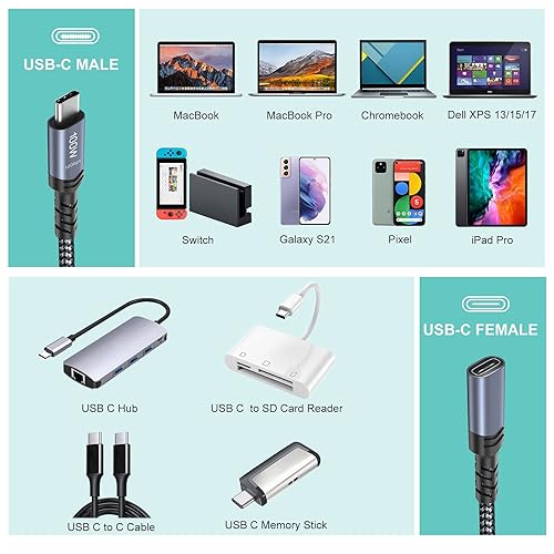 Miniatura 7 de Besgoods Cable de extensión USB C, extensor USB C macho a hembra de 3 pies, USB 3.2 de carga rápida de 10 Gbps, pantalla 4K compatible con USB C