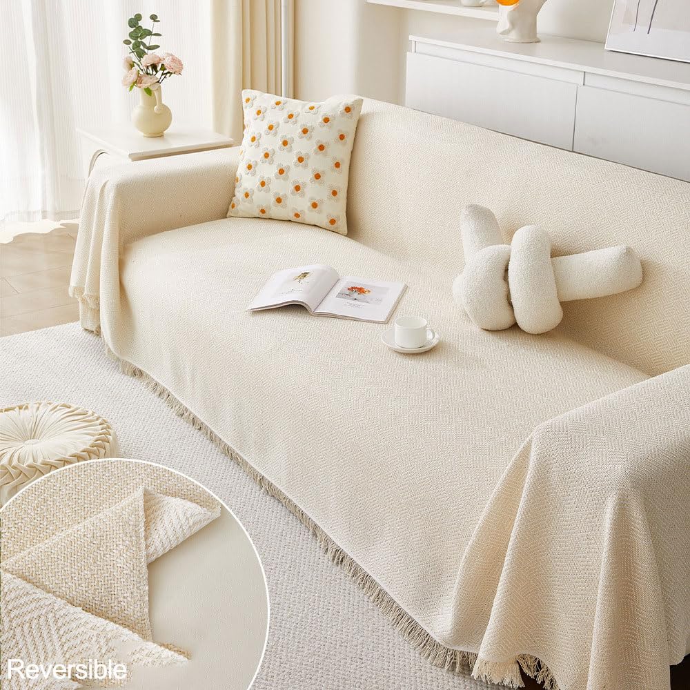 Highdi Sofa Throws Large, Extra Large Throws for Settees, Nordic Style Versatile Woven Soft Throw Blanket with Tassels for Settees Couch Armchair Sofa Bed (90x180cm,Cream White) — image 1