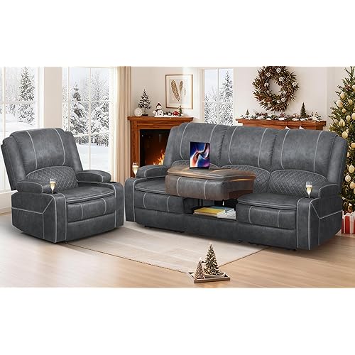 3+1 Seaters Recliner Sofa, Maximum Load Capacity 1800lbs & Ergonomics Design, Multi-Functional Middle Seat & Home Theater Seating with Removable Console, Velvet Fabric RV Sofa with Hidden Storage