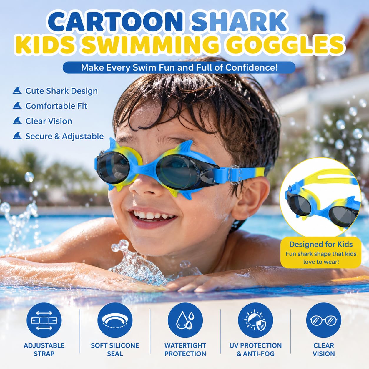 Gafas de Natación Niños con Diseño de Tiburón, Visión Gran Angular 180° HD, Antivaho y Protección UV, Unisex para 3-10 Años