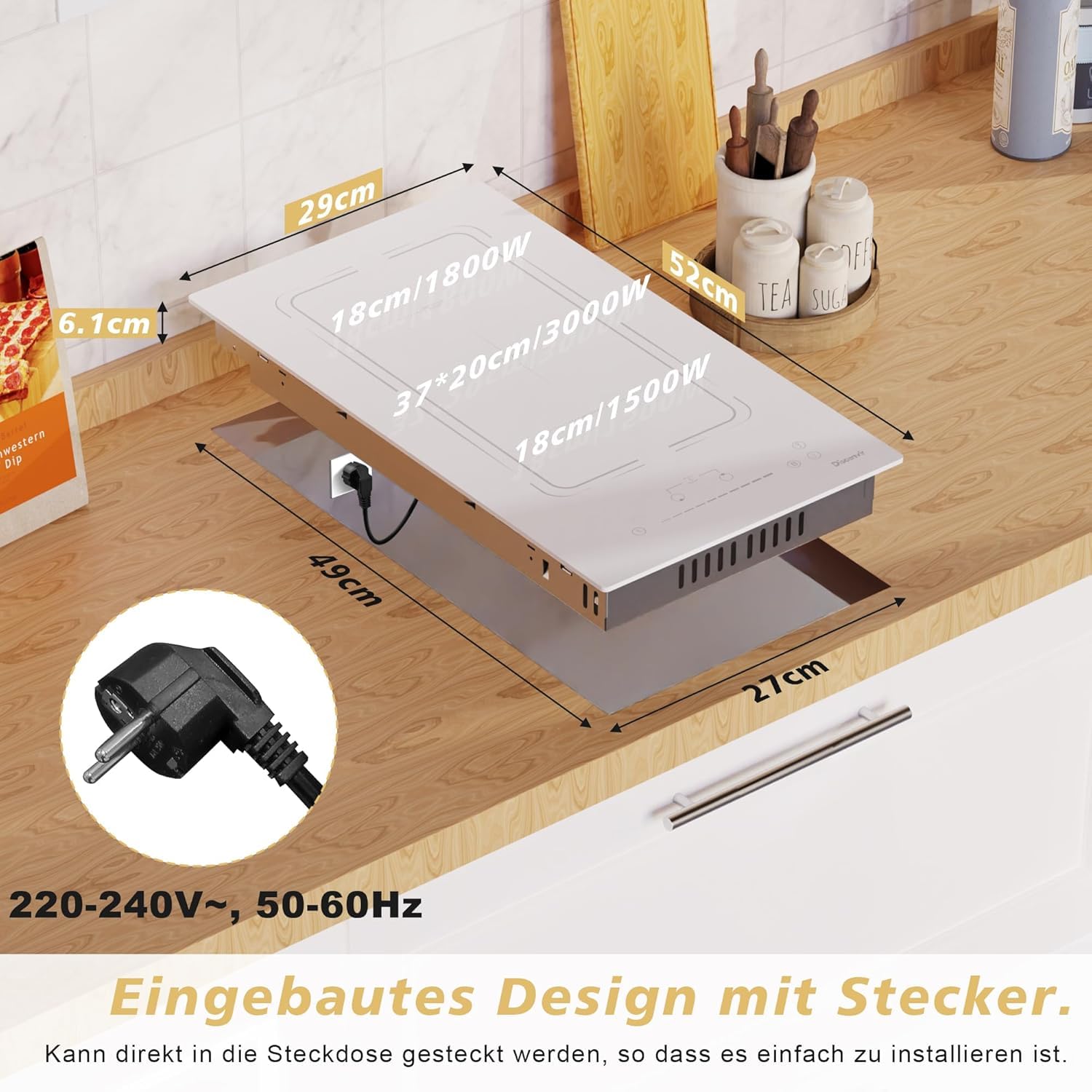 Placa Inducción 2 Fuegos Empotrable, Blanca, 30 cm, 3500 W, Placa Induccion con Enchufe de 220 V, 9 Niveles de Potencia, Función Boost, Temporizador y Protección Antitoque, Flexible Zona