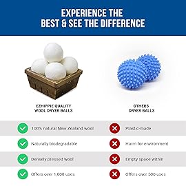 Ezhippie Quality Wool Dryer Balls - 12 XL Pack - 1000+ Loads - Pure Organic Wool - Reusable Natural Fabric Softener Perfect with Essential Oils, Reduce Clothing Static and Wrinkles