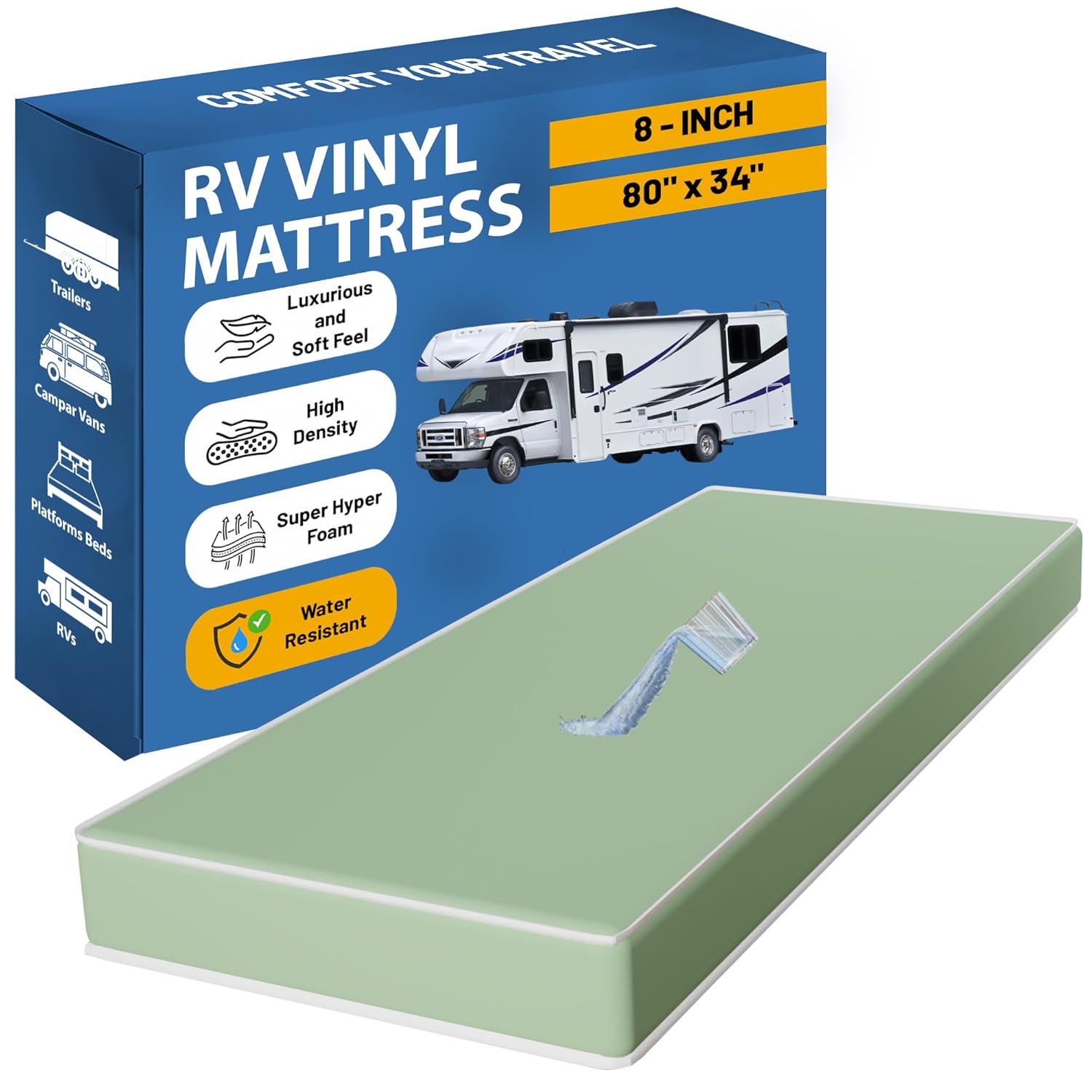Greaton, 8-Inch High-Density Foam Vinyl RV Mattress Replacement, Medium Firm, Good for Trailers, Camper Vans, Sofa Bed and Other Furniture Application, 80" x 34", Green
