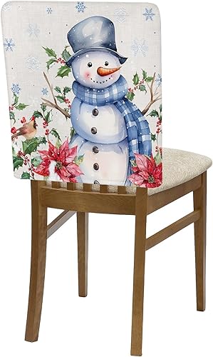 Miniatura 7 de Paquete de 4 fundas de respaldo de silla de Navidad con muñeco de nieve azul para sillas de comedor, fundas extraíbles lavables para silla de