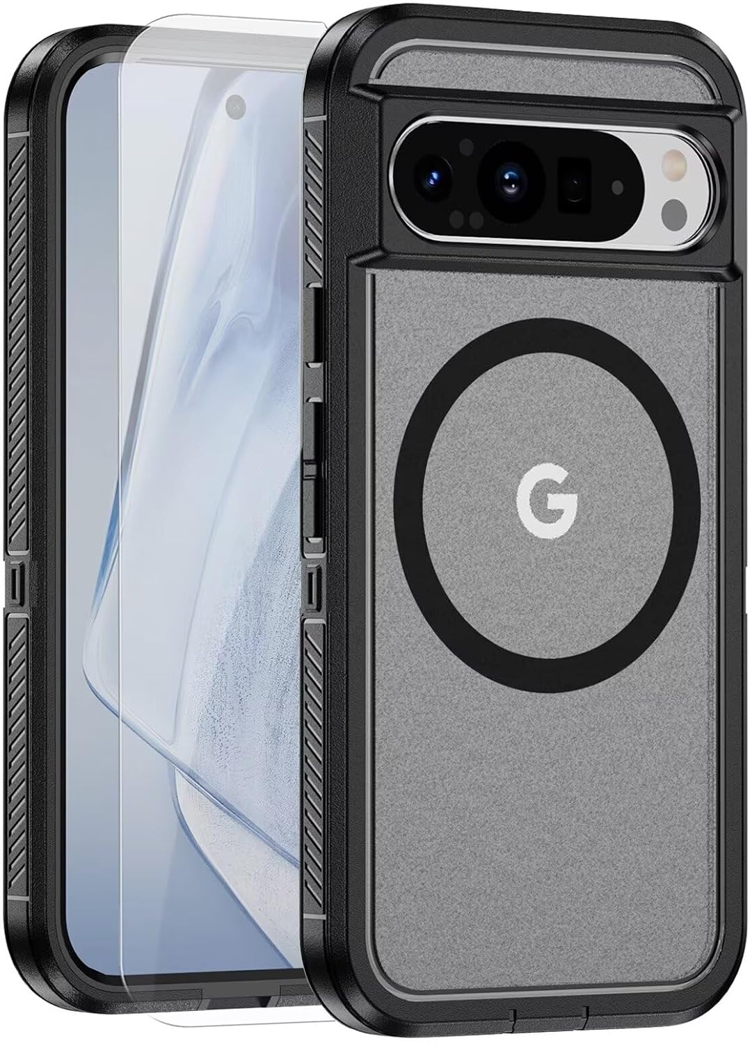 ESONG Magnetic Case for Google Pixel 9/9 Pro,Compatible with Magsafe,1 x Tempered Glass Protective Film,Military Shockproof Protective Phone Cover,Black+Transparent