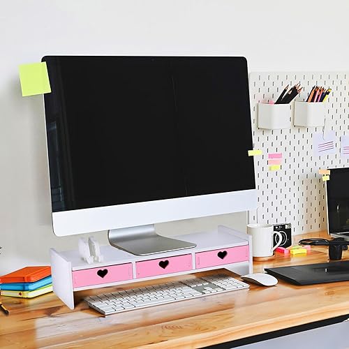Miniatura 4 de Kisangel Desk Monitor Stand Riser with Storage Organizer Computer Screen Riser for Office and Student Desks Smooth Surface Pink and White Desktop