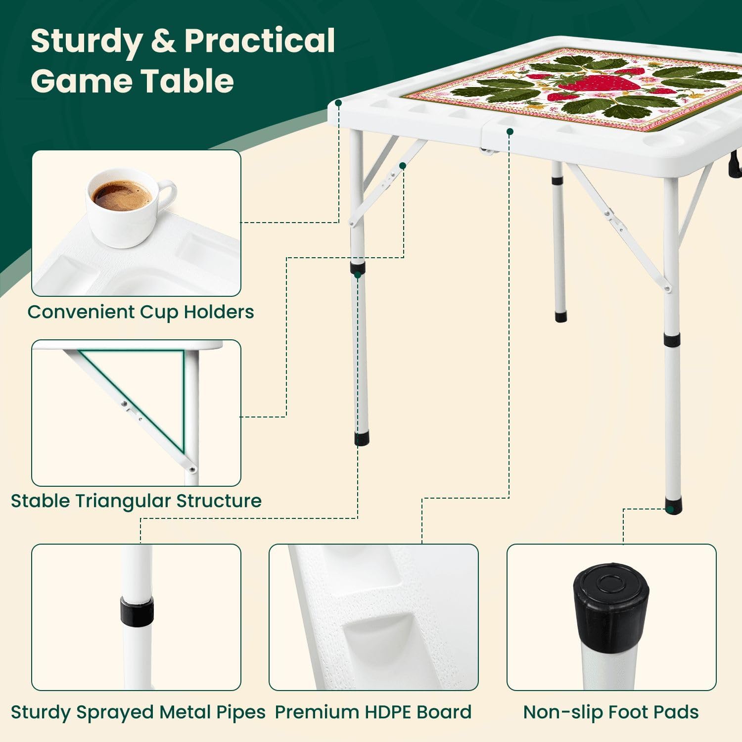 Folding Mahjong Table with Strawberry Folk Art Floral Green Leaves Decorative Border Wear-Resistant Mahjong Mat, 4 Cup Holders & Chip Trays for 4 Players Square Portable Card Table for Poker Domino