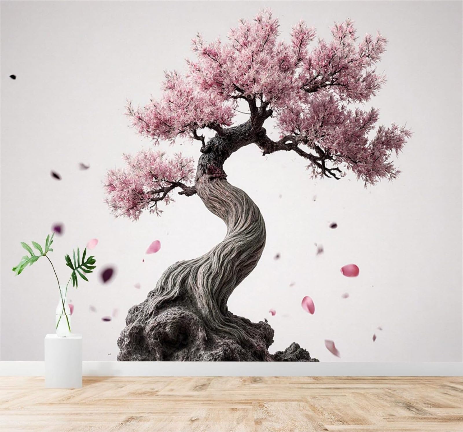 Xlming 350Cm×256Cm(B×H) Minimalist Three Dimensional Twisted Cherry Tree Trunk Falling Petals Unique 3D Wallpaper Silky Texture Home Study Office Grey Dining Room Sofa Bedroom Living Room Tv Backdrop-350Cm×256Cm