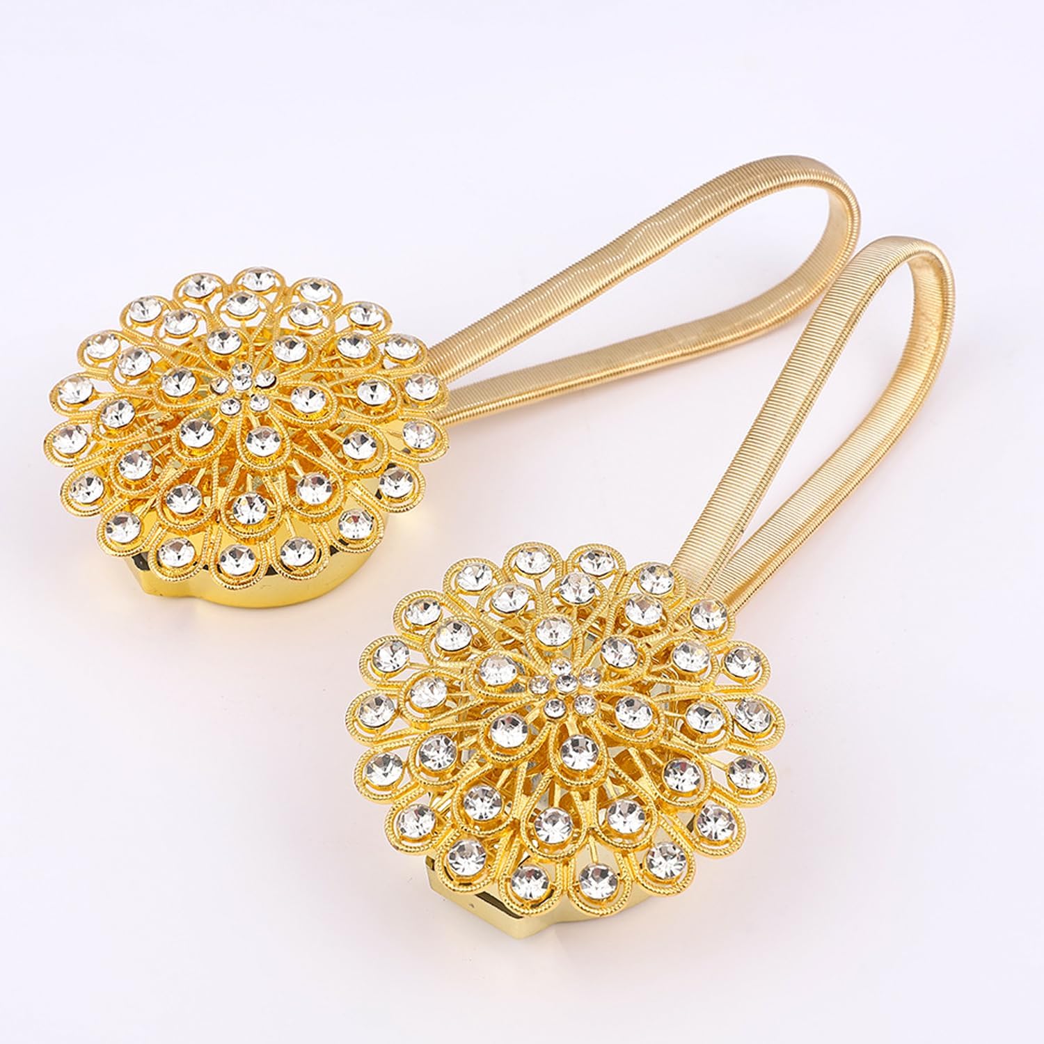 Magnetic Curtain Tiebacks ，tie Backs for Curtains 2 Pack Crystal Flower Curtain Clips for Home Office Decoration Holdbacks (Gold Diamond Flower)