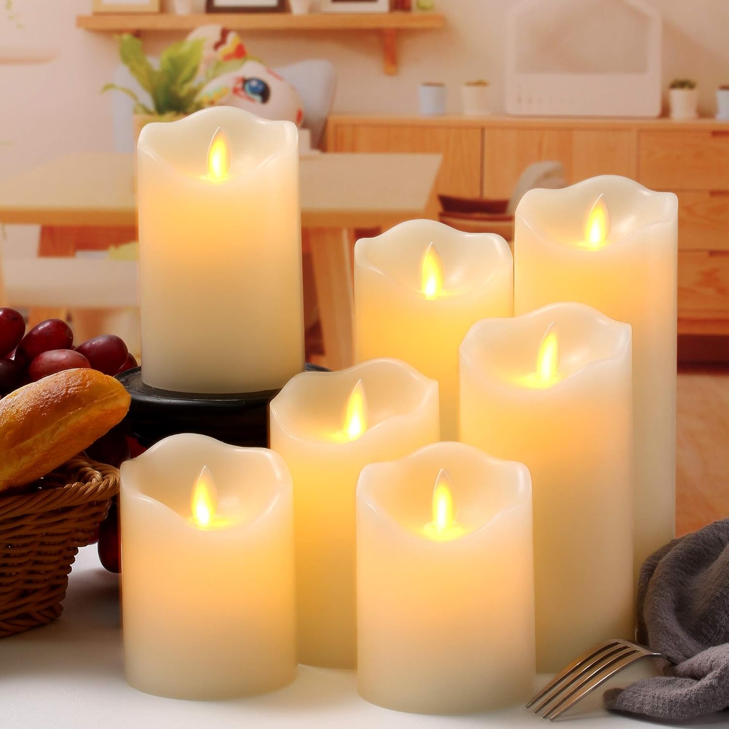 qinxiang Flameless Candles LED Candles Set of 7 (D:3" X H:4" 4" 5" 5" 6" 7" 8") Ivory Real Wax Pillar Battery Operated Candles with Dancing LED Flame 10-Key Remote and Cycling 24 Hours Timer : Tools & Home Improvement