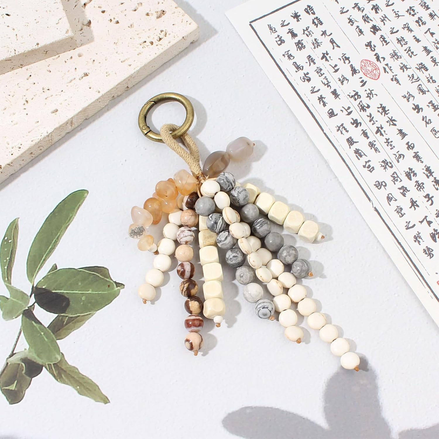 Natural Bodhi Wood Beaded Keychain,Handmade Beaded Lucky Key Ring Handcraft Purse Charms Pendant Decoration for Bags - Image 6