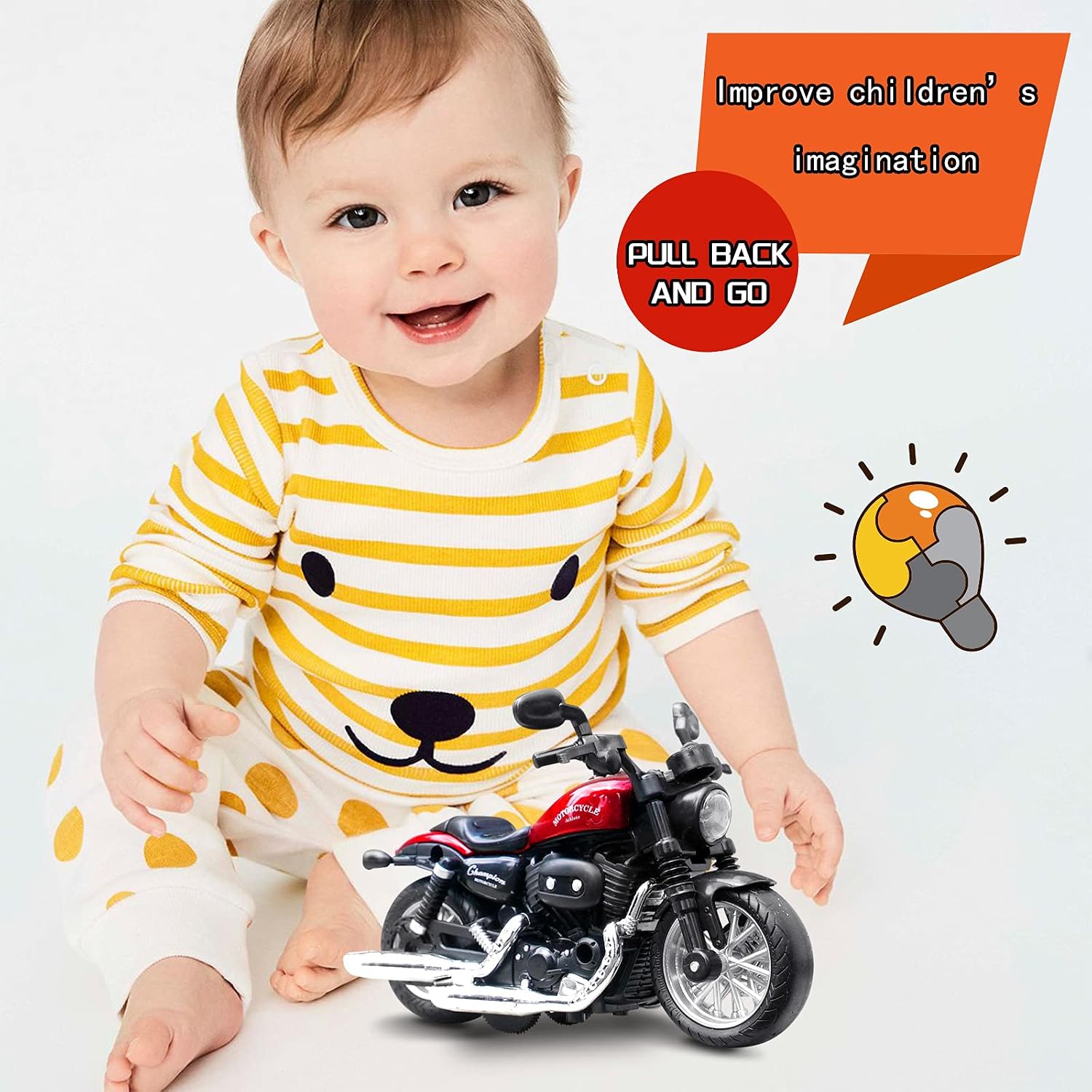 Die Cast Toy Motorcycle,Pull Back Motorcycle with Sounds and Lights 1:14 Friction Powered Kids Toy Cars,Motorcycle Toys Gift for Children Over 3 Years Old Birthday (Red) image 5