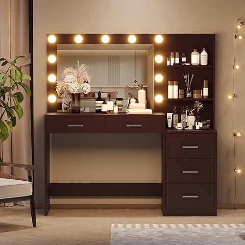 Rovaurx 46.7" Makeup Vanity Table with Lighted Mirror, Large Vanity Desk with Storage Shelf & 5 Drawers, Bedroom Dressing Table, 11 LED Lights, Brown