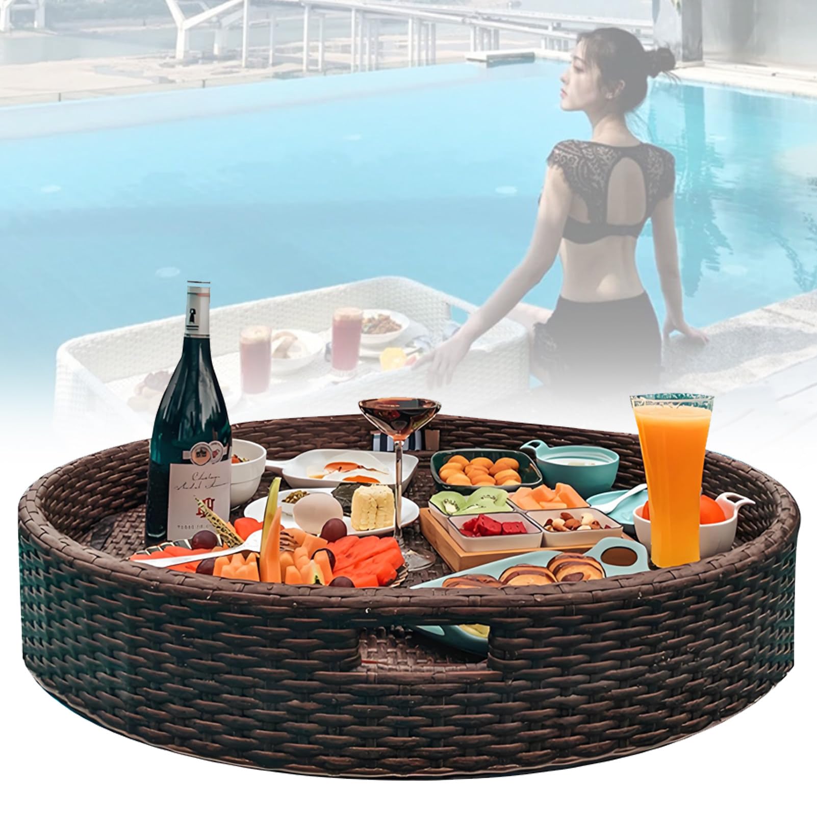 Plateau de service flottant en rotin tressé marron de 80cm pour bar de piscine