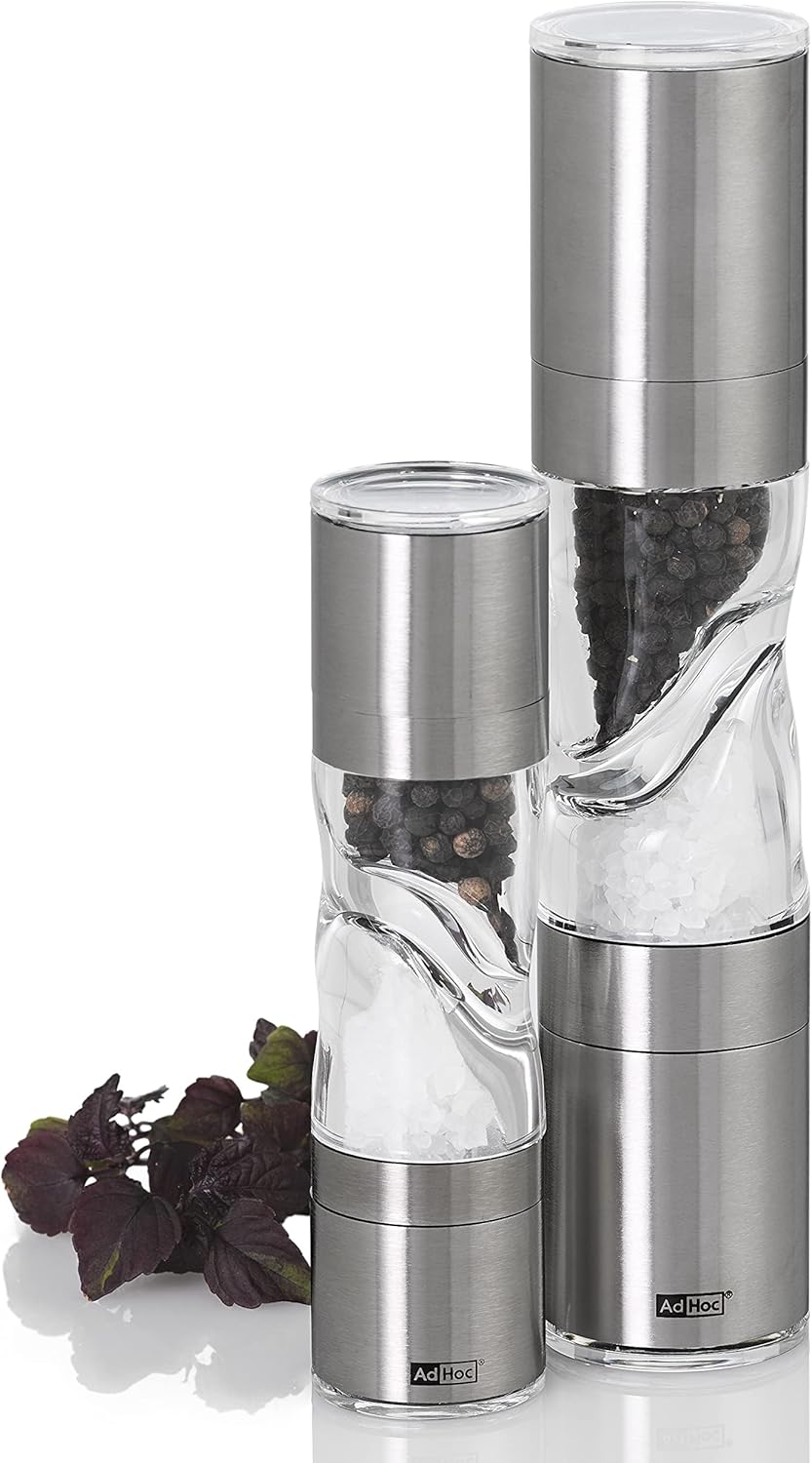 AdHoc Mini Duo Salt and Pepper Mill - Salt & Pepper Grinders with Ultra-Sharp Grinding Mechanisms - Refillable Mills & Spice Shakers with Adjustable Grinding - Stainless Steel/Acrylic