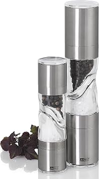 AdHoc Mini Duo Salt & Pepper Mill, Stainless Steel/Acrylic, 6 | Salt and Pepper Grinders with Ultra-Sharp Grinding Mechanisms, Refillable Mills and Spice Shakers with Adjustable Grinding