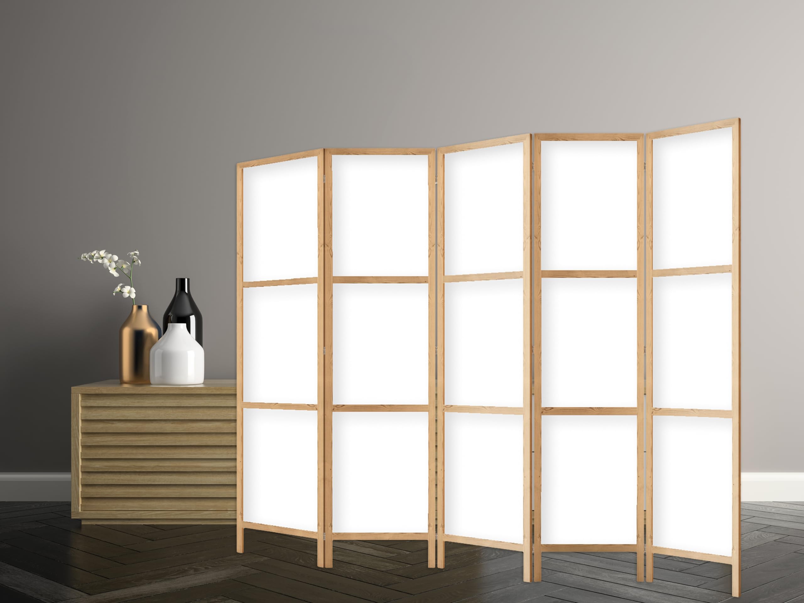 Paravento divisorio in legno 225x172 cm, 5 pezzi, unilaterale, in stile orientale