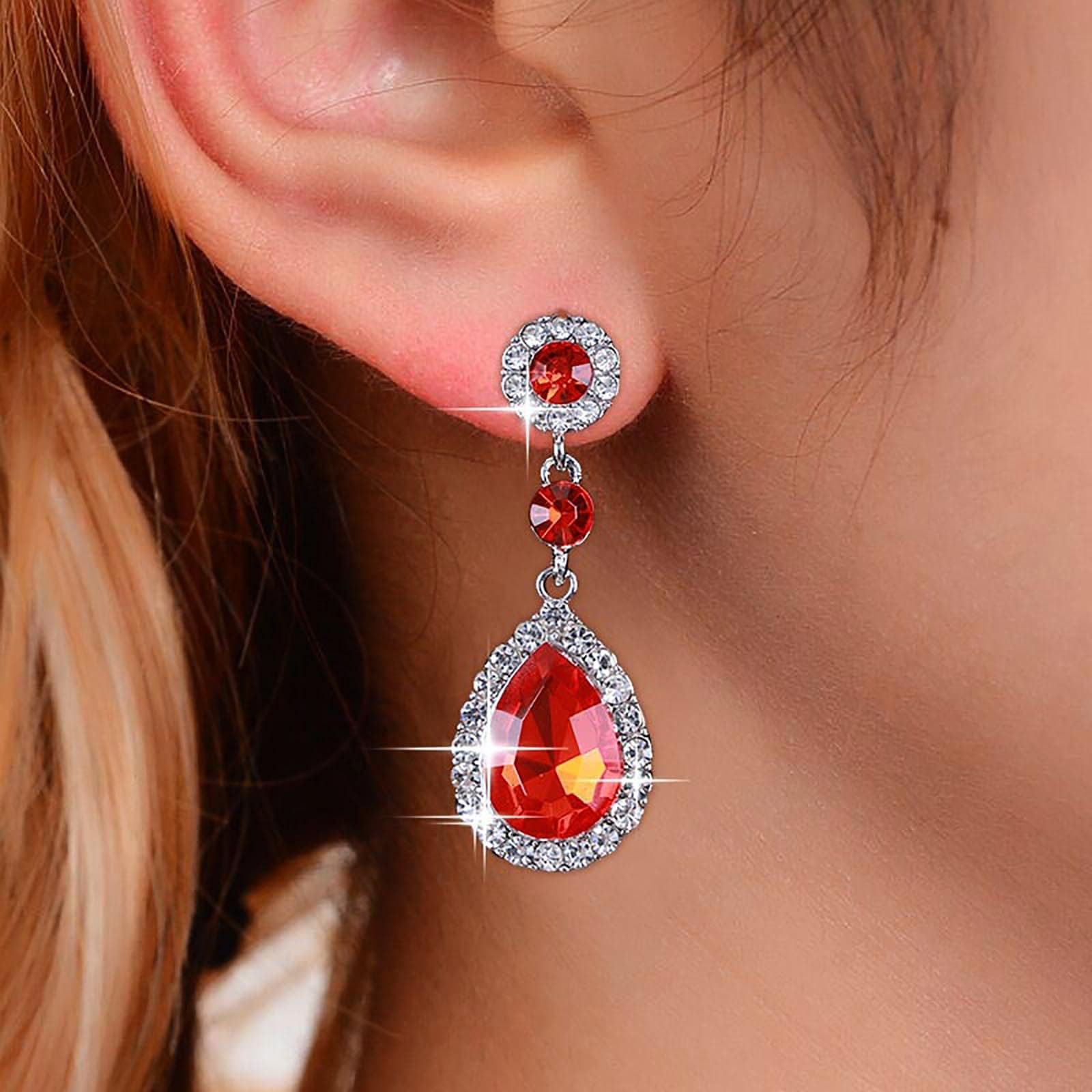 Rhinestone Dangle Earrings - Bridal Wedding Jewelry for Women - Silver CZ Teardrop Drop Crystal Earrings in Emerald Green, Sapphire Blue, Ruby Red