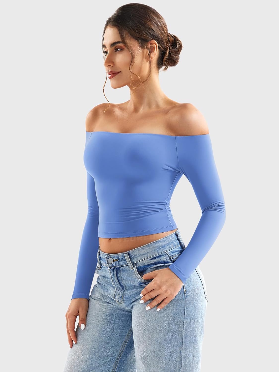 YEOREO Sophie Women Off Shoulder Long Sleeve Shirts Double Lined Basic Undershirt Y2K Going Out Tops - Image 2